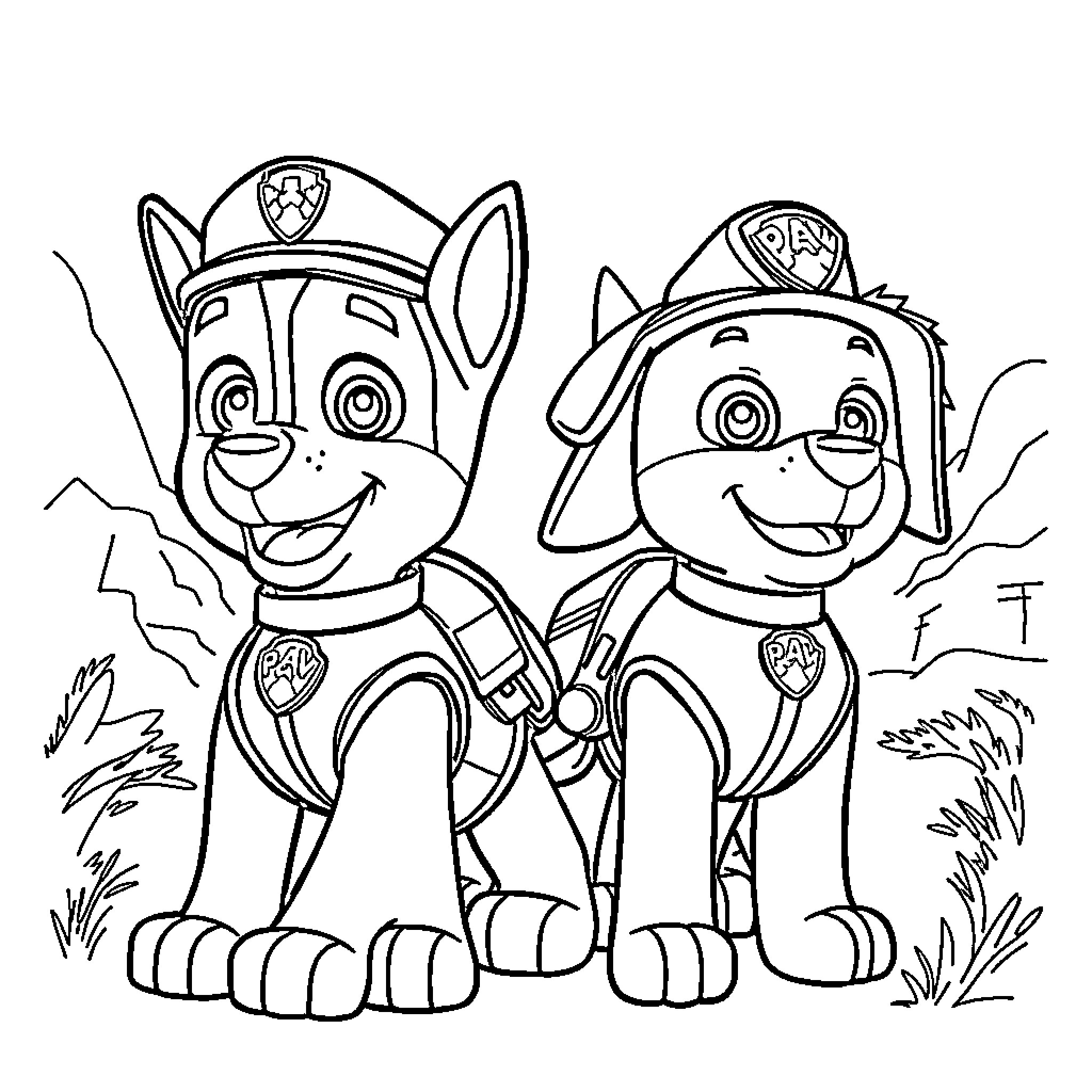 Paw Patrol pups smiling together in a landscape Coloring Page (free black-and-white line drawing printable PDF for all, from beginners to advanced learners, including children, teens, adults, and seniors)