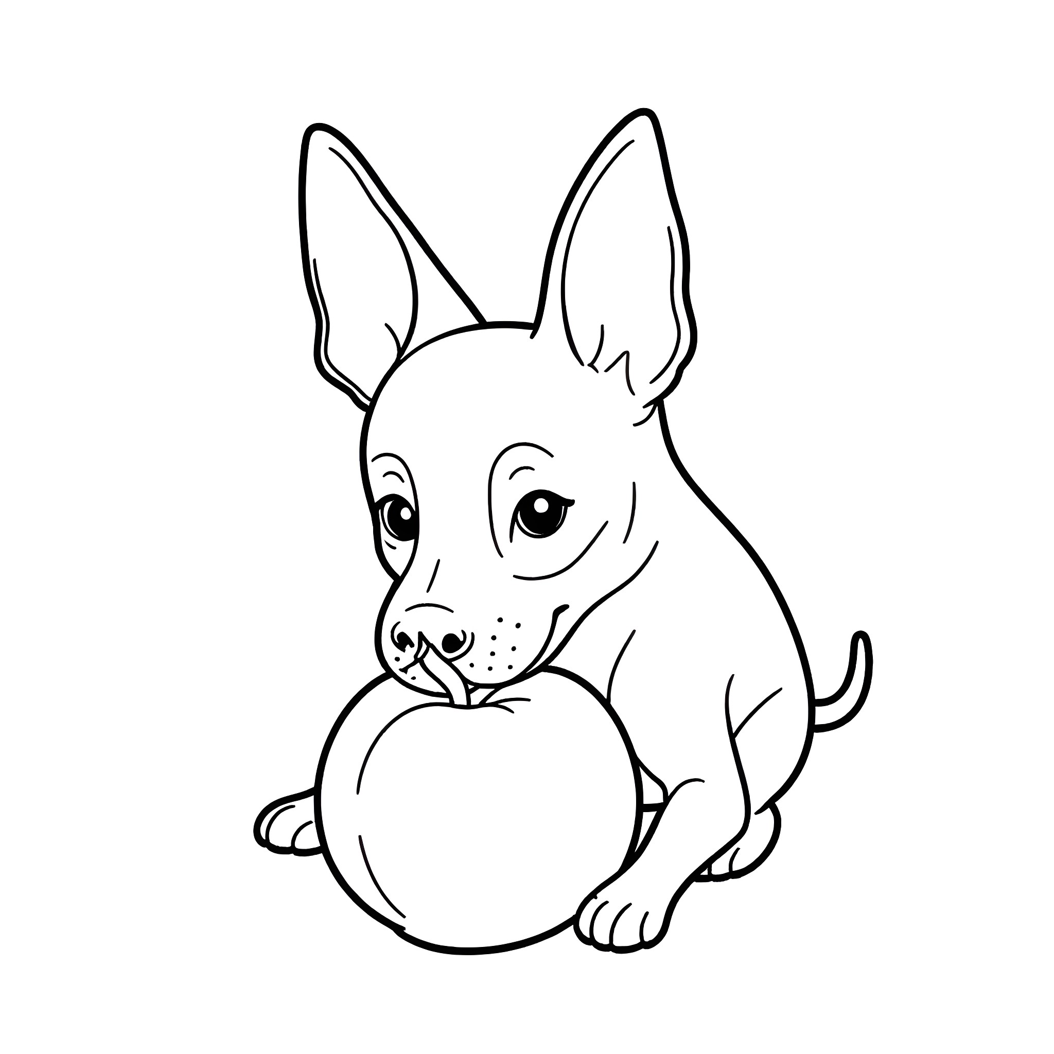 Miniature Pinscher playing with a ball Coloring Page (free black-and-white line drawing printable PDF for all, from beginners to advanced learners, including children, teens, adults, and seniors)