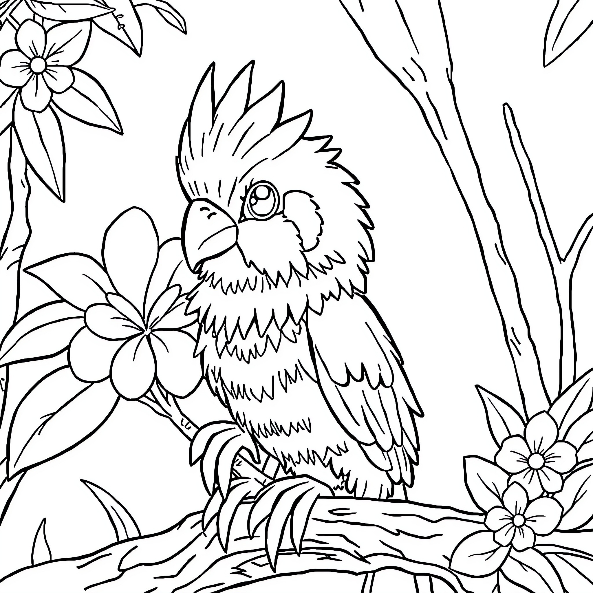 Animal parrot perched amidst tropical foliage Coloring Page (free black-and-white line drawing printable PDF for all, from beginners to advanced learners, including children, teens, adults, and seniors)