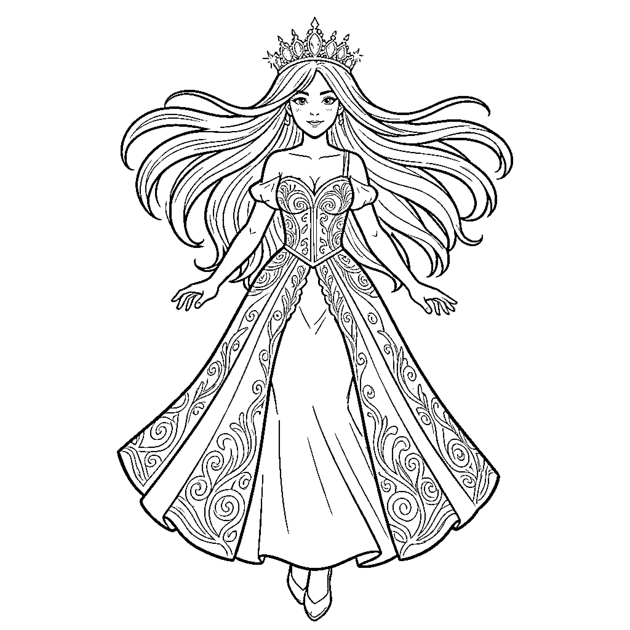 Fille royale au long manteau décoré Coloring Page (free black-and-white line drawing printable PDF for all, from beginners to advanced learners, including children, teens, adults, and seniors)