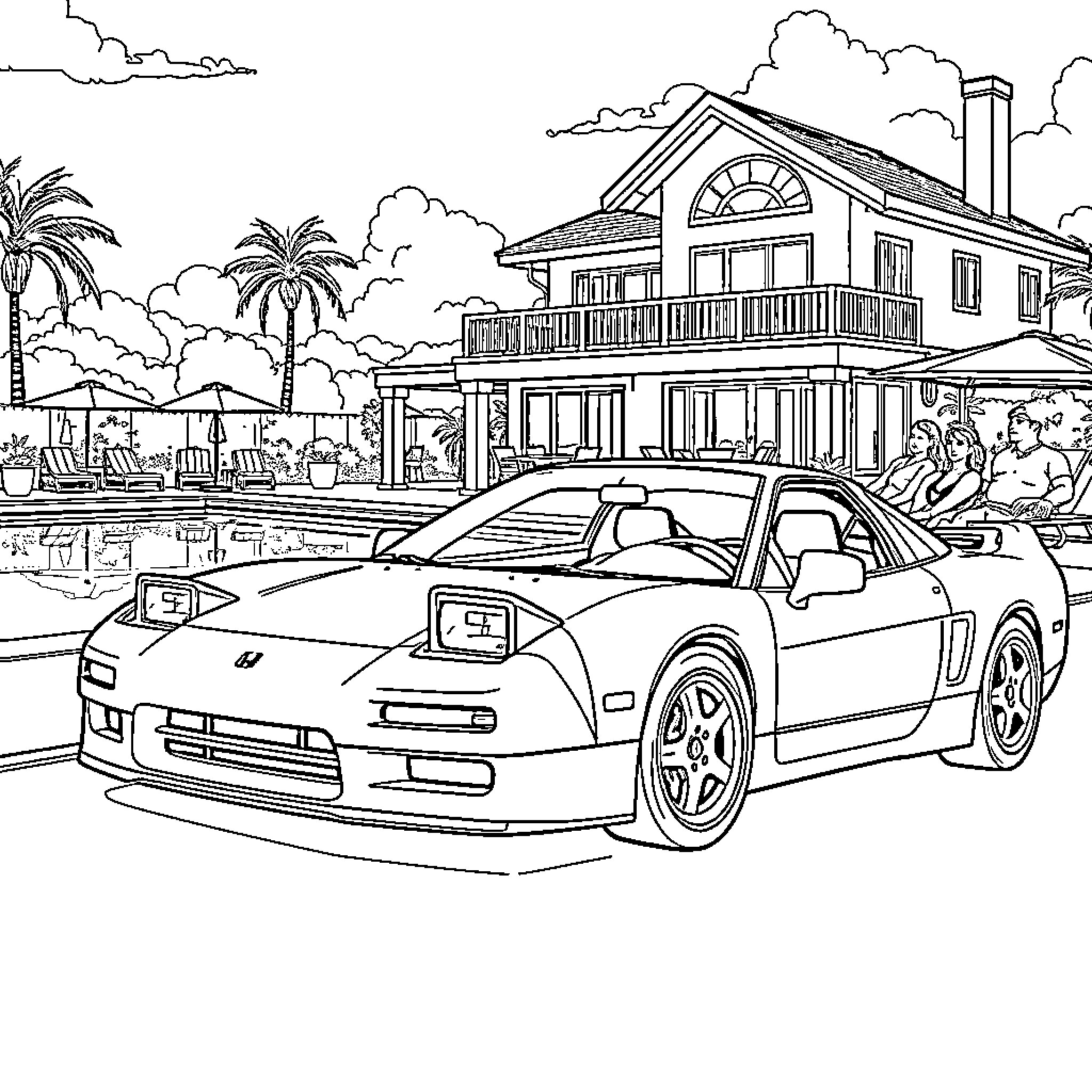 Honda NSX speeding through tropical seaside resort Coloring Page (free black-and-white line drawing printable PDF for all, from beginners to advanced learners, including children, teens, adults, and seniors)