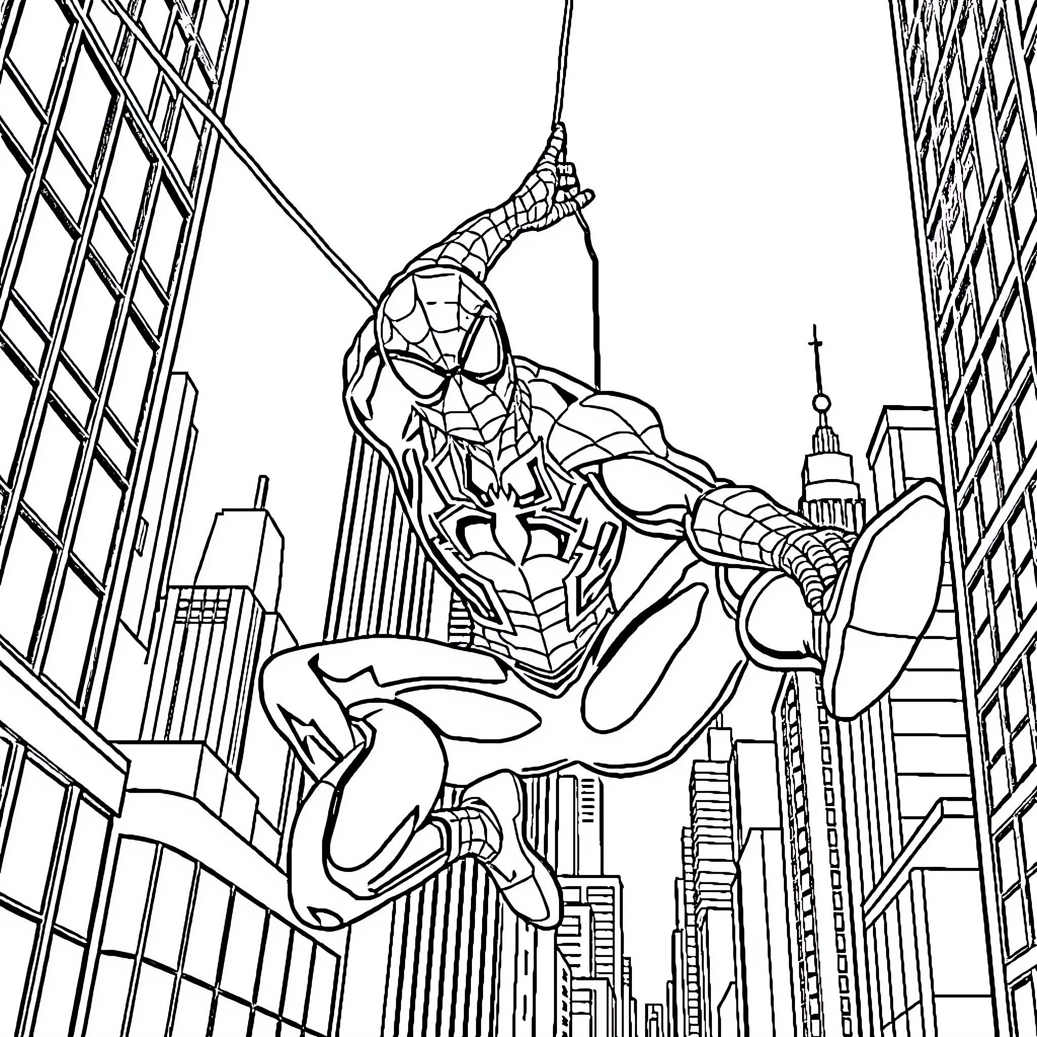 Spiderman swinging through the city skyline Coloring Page (free black-and-white line drawing printable PDF for all, from beginners to advanced learners, including children, teens, adults, and seniors)