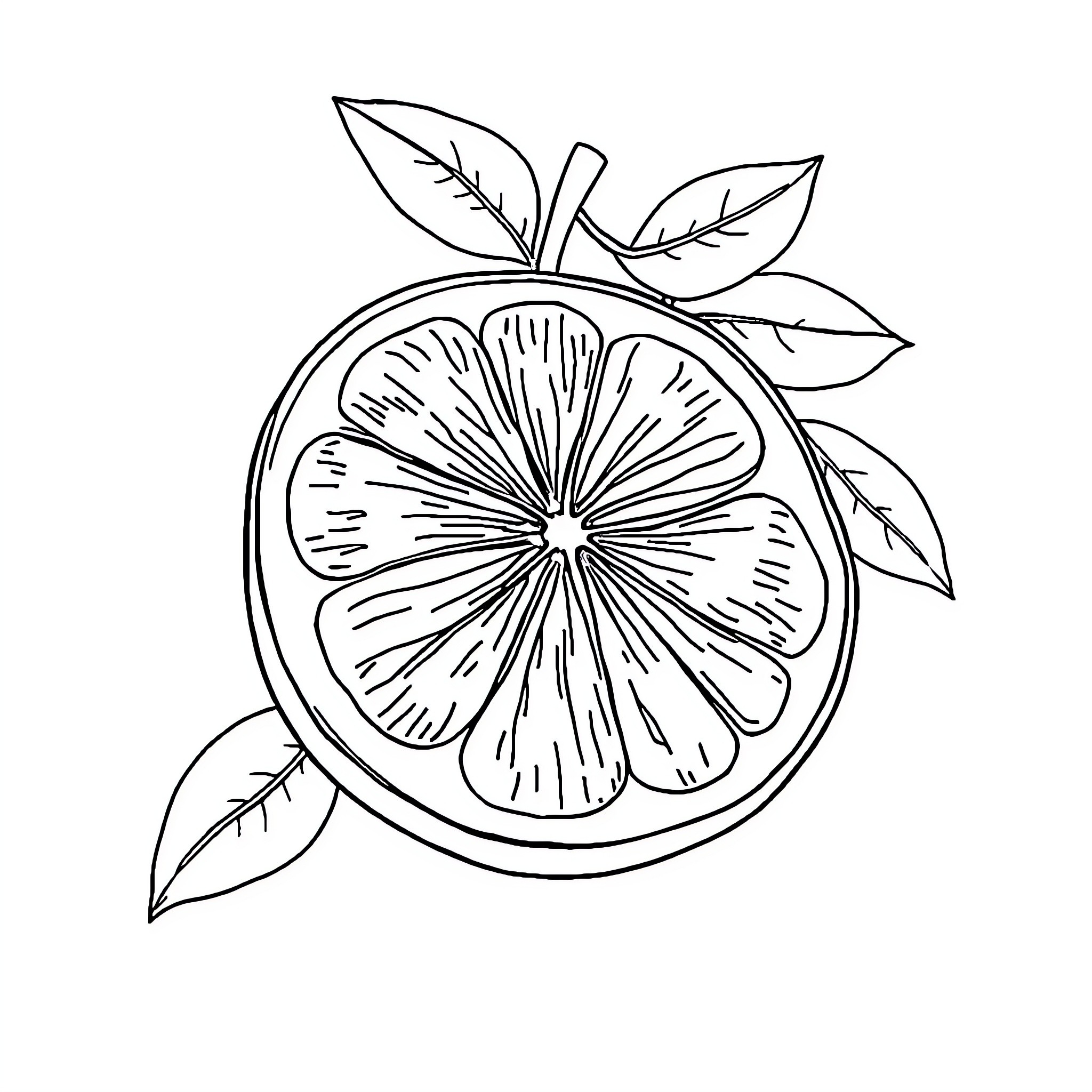 Lemon slice with leaves and stem Coloring Page (free black-and-white line drawing printable PDF for all, from beginners to advanced learners, including children, teens, adults, and seniors)