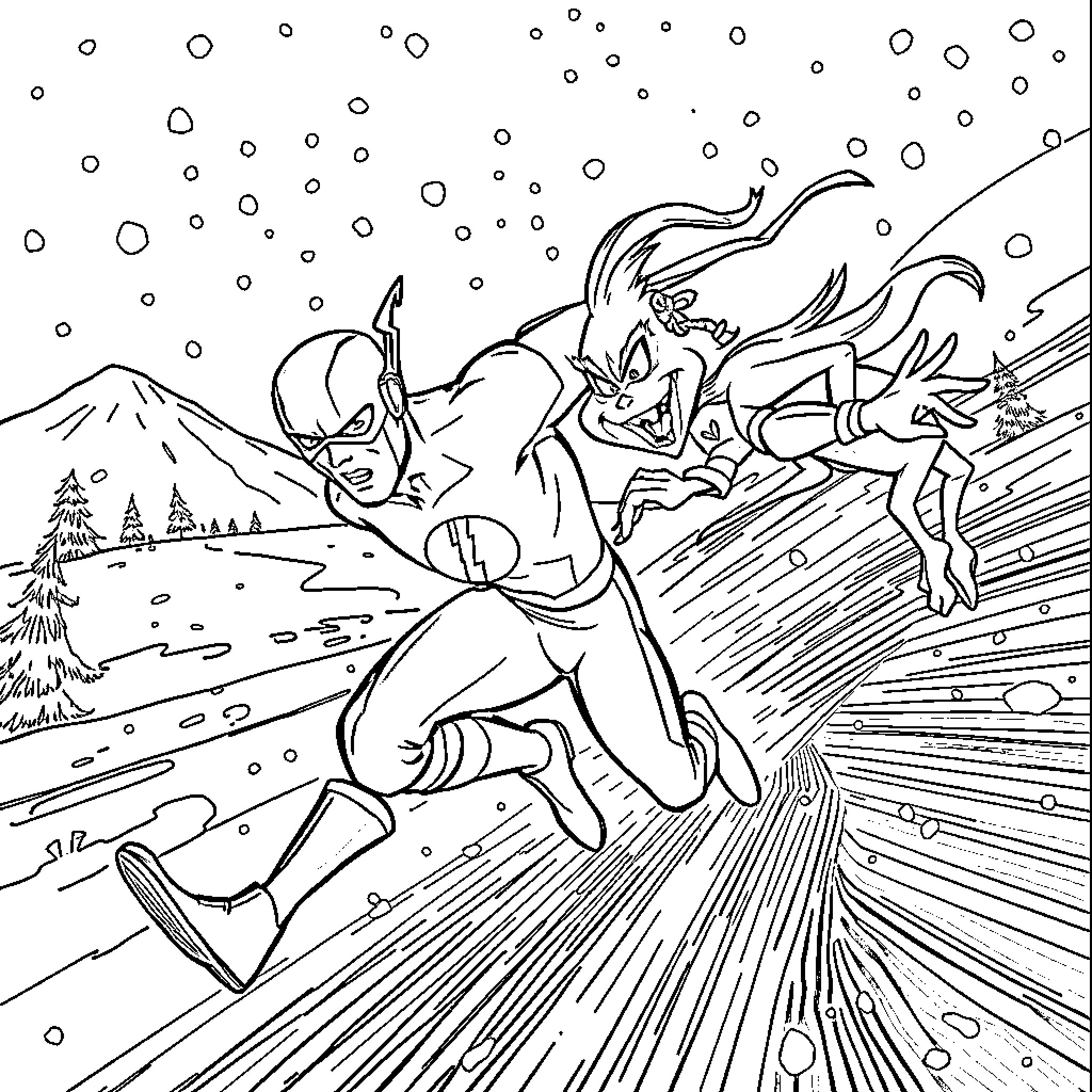 Flash racing through snowy landscape Coloring Page (free black-and-white line drawing printable PDF for all, from beginners to advanced learners, including children, teens, adults, and seniors)