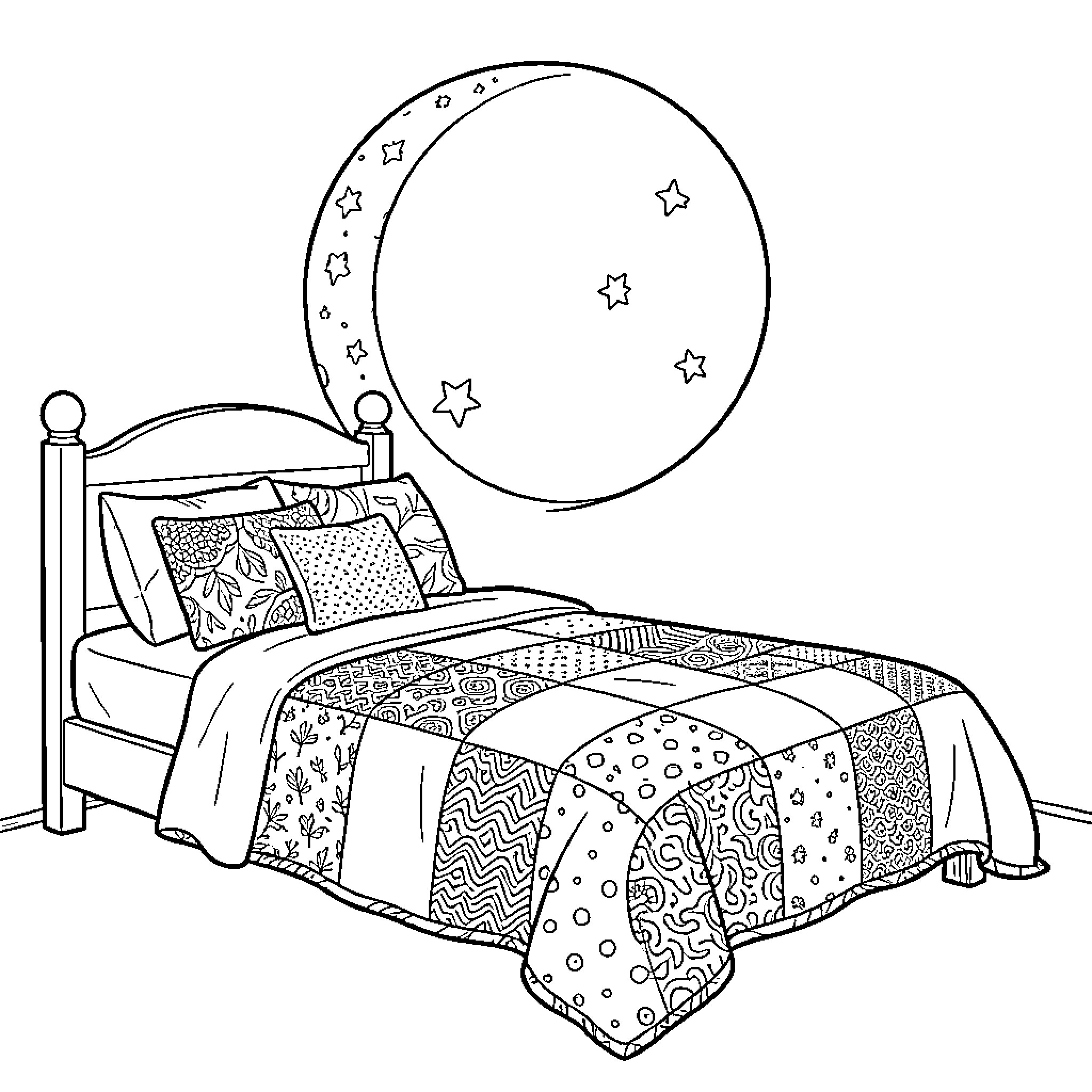 Luna's Starry Bedtime Coloring Page (free black-and-white line drawing printable PDF for all, from beginners to advanced learners, including children, teens, adults, and seniors)
