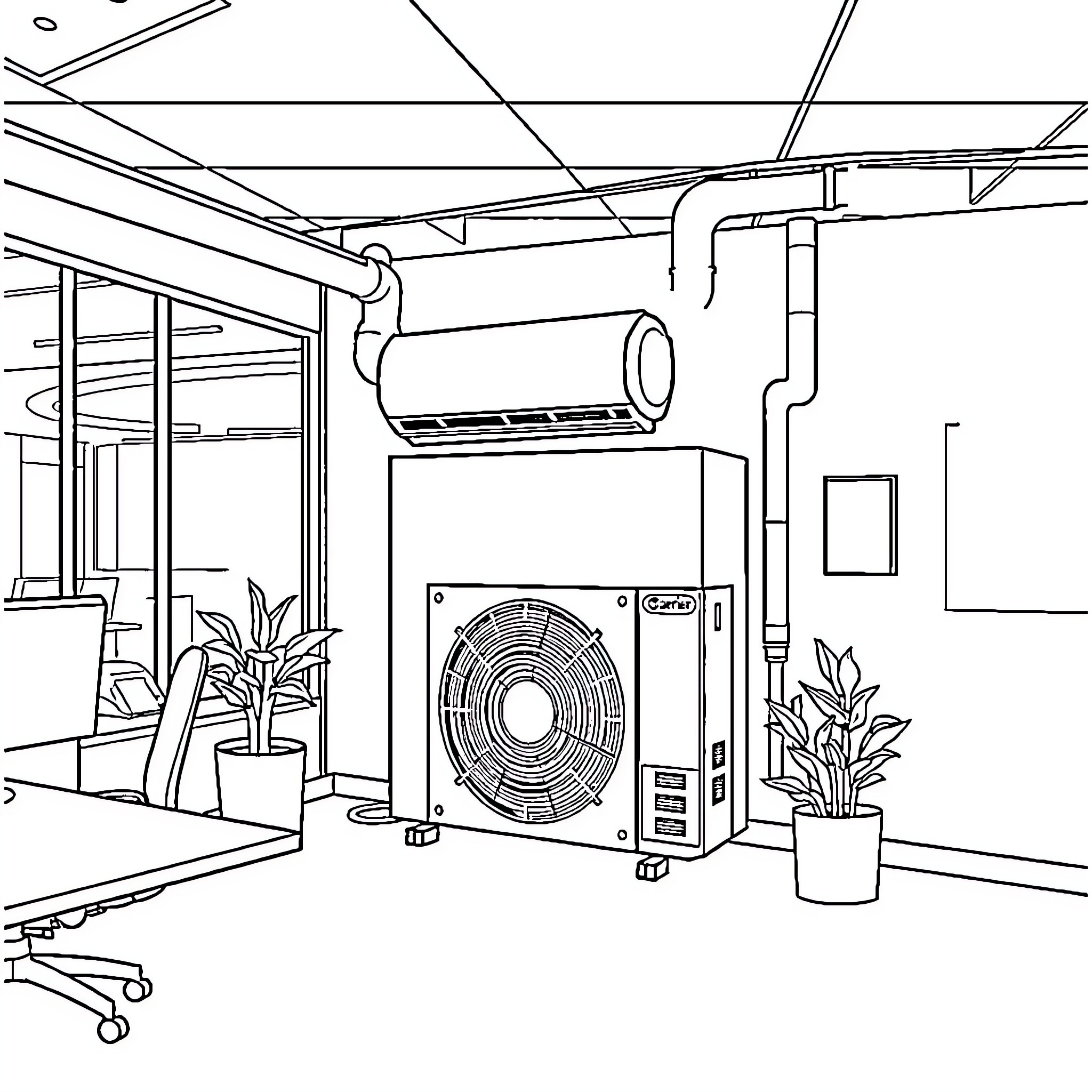 Carrier Air Conditioning Unit in Furnished Room Coloring Page (free black-and-white line drawing printable PDF for all, from beginners to advanced learners, including children, teens, adults, and seniors)