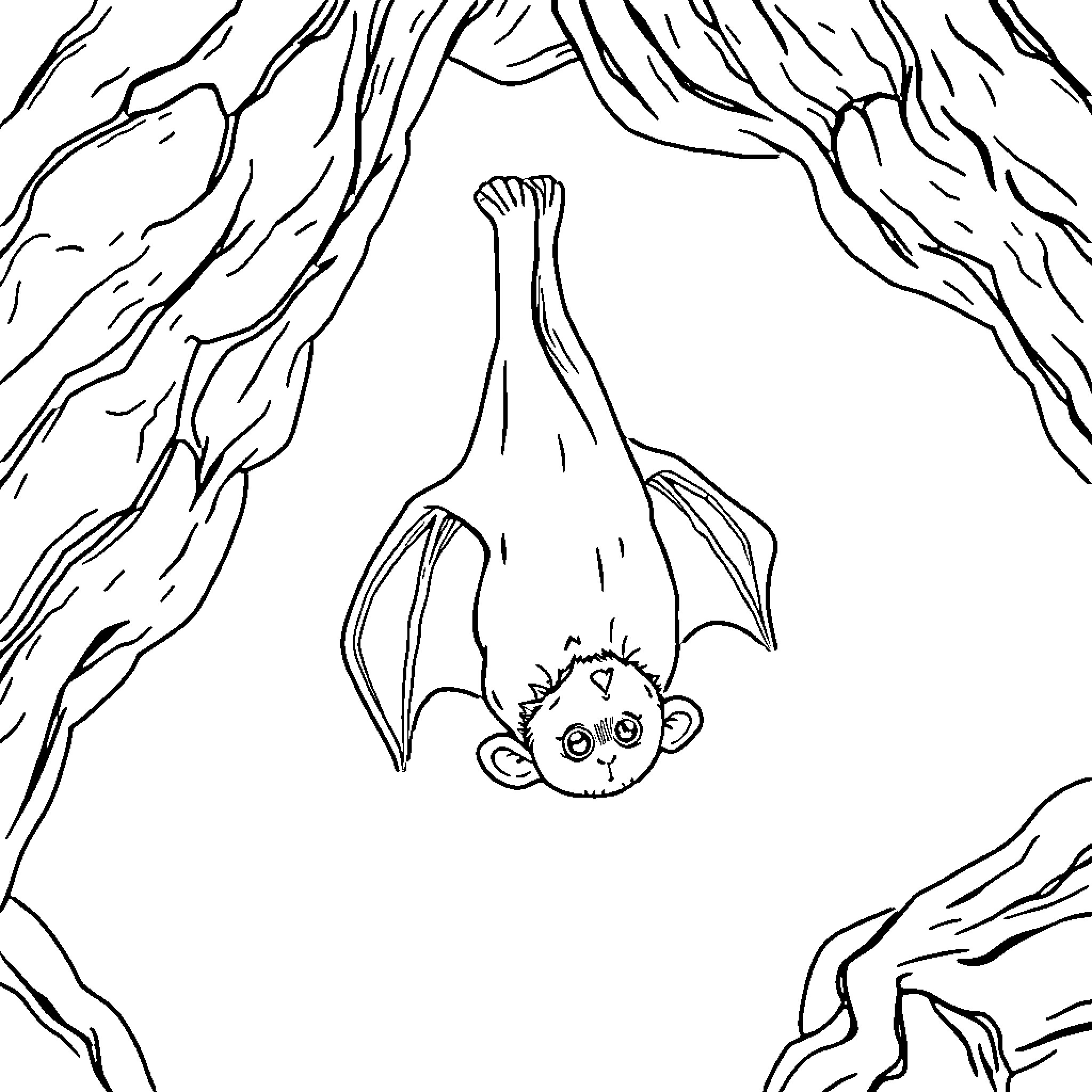 Bat hanging upside down in cave Coloring Page (free black-and-white line drawing printable PDF for all, from beginners to advanced learners, including children, teens, adults, and seniors)