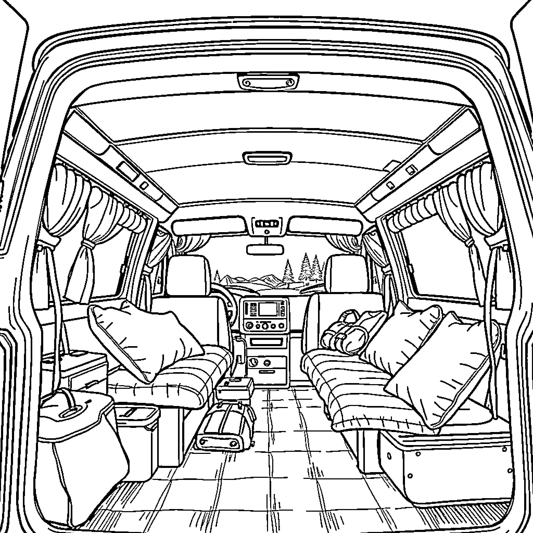 Camping Car Interior with Cozy Furnishings Coloring Page (free black-and-white line drawing printable PDF for all, from beginners to advanced learners, including children, teens, adults, and seniors)