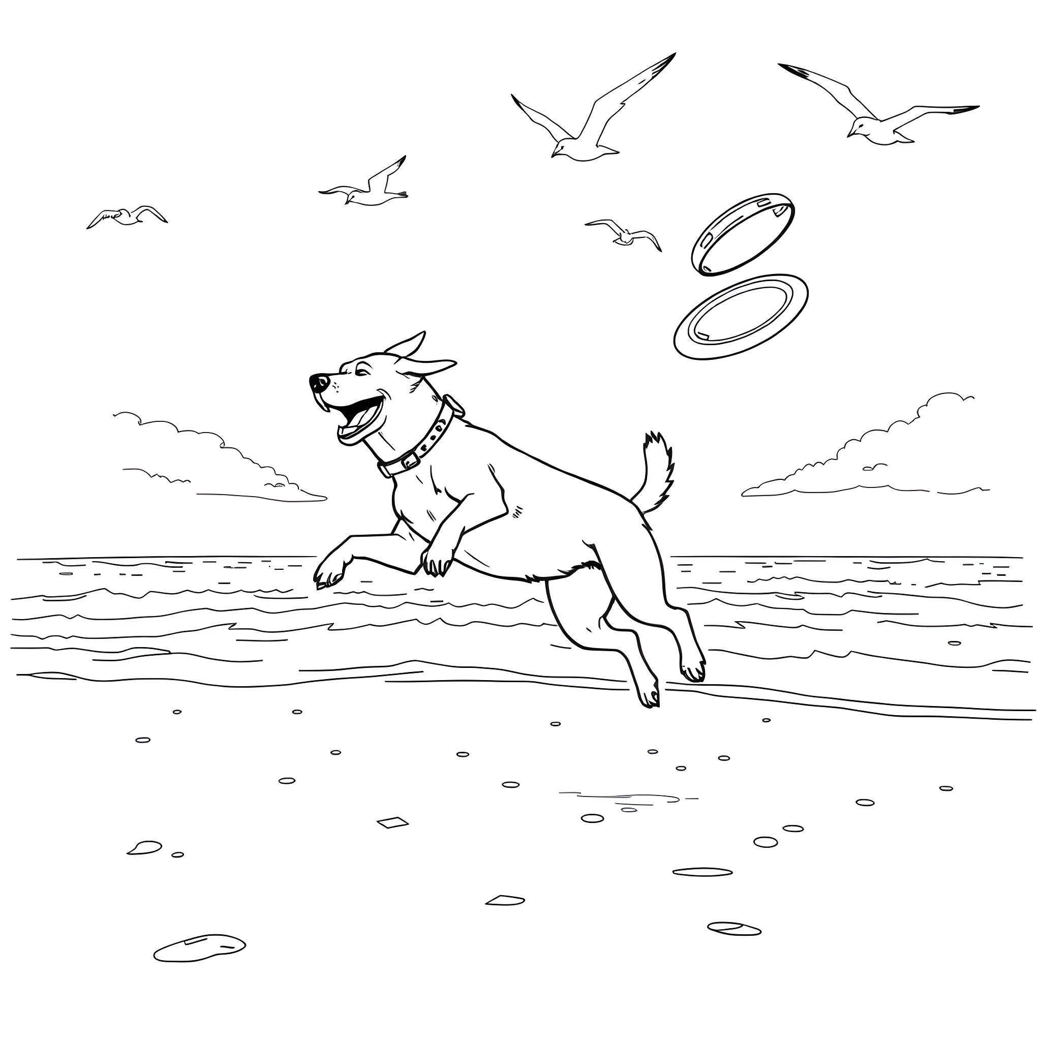 Dog playing joyfully with frisbee on the beach Coloring Page (free black-and-white line drawing printable PDF for all, from beginners to advanced learners, including children, teens, adults, and seniors)