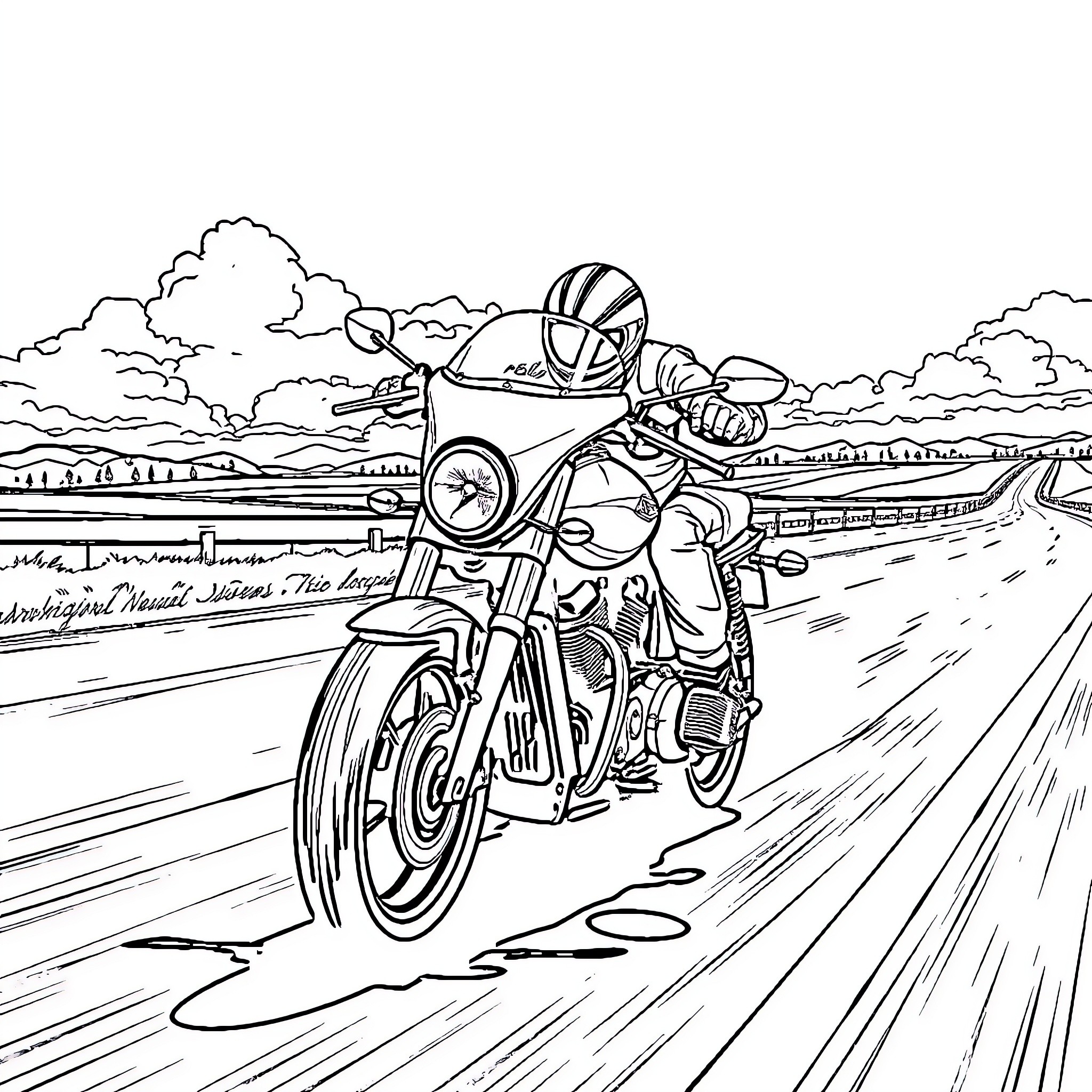 Motorcycle rider speeding down the open road Coloring Page (free black-and-white line drawing printable PDF for all, from beginners to advanced learners, including children, teens, adults, and seniors)