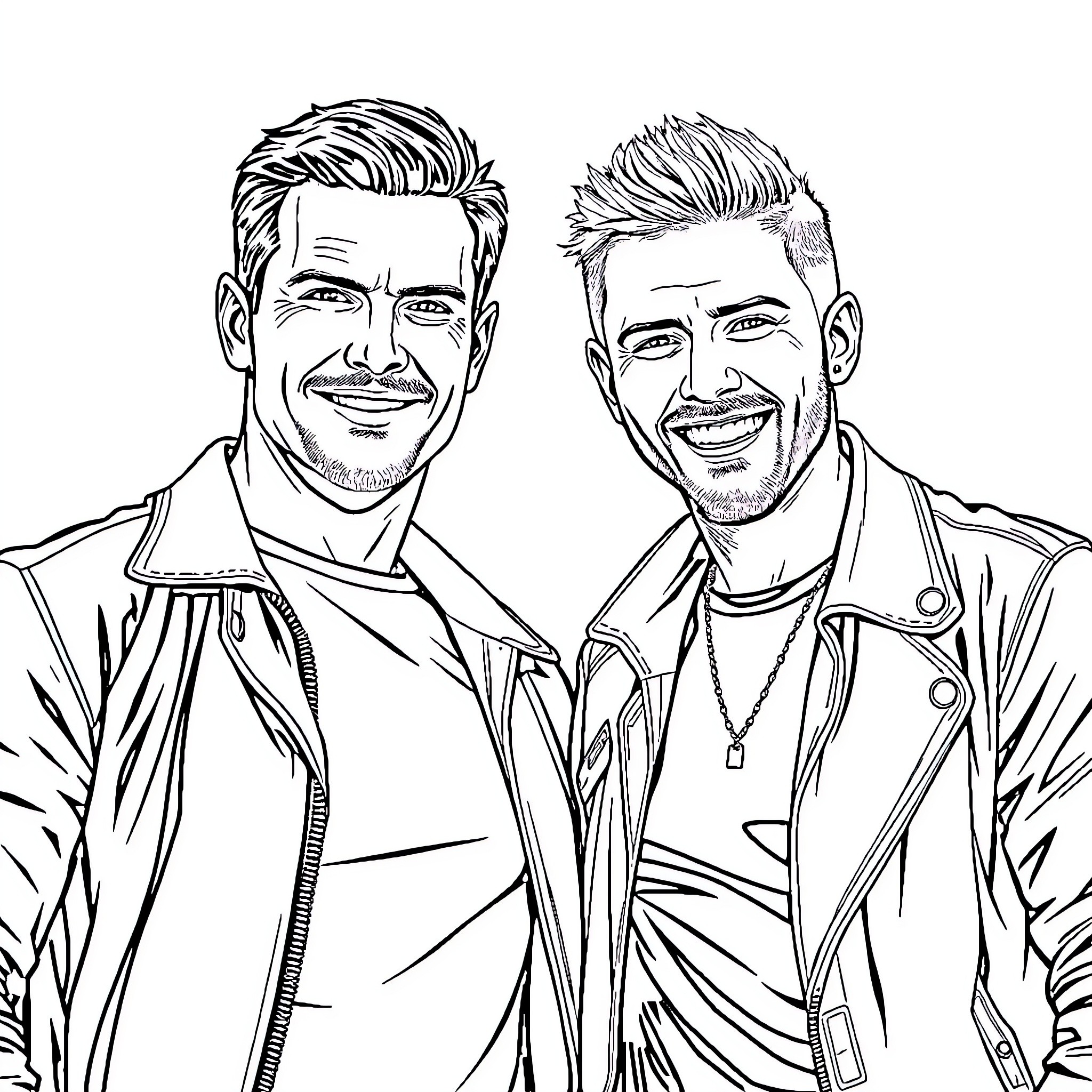 Henry Cavill and Brad Pitt Posing Together Stylishly Coloring Page (free black-and-white line drawing printable PDF for all, from beginners to advanced learners, including children, teens, adults, and seniors)