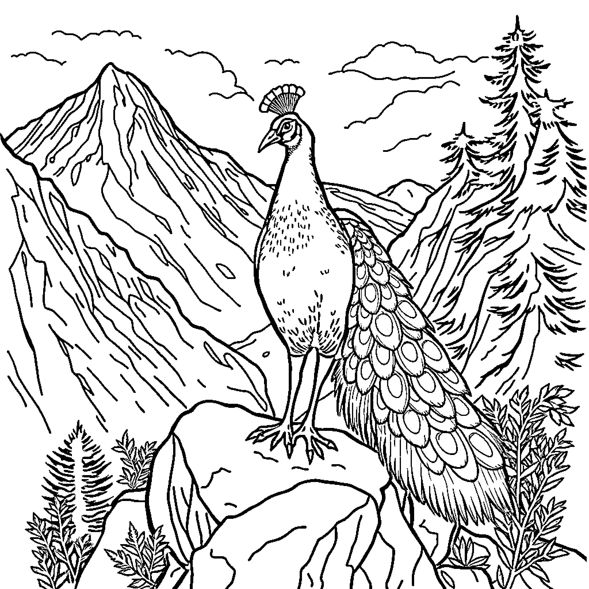 Peacock standing majestically in mountain landscape Coloring Page (free black-and-white line drawing printable PDF for all, from beginners to advanced learners, including children, teens, adults, and seniors)