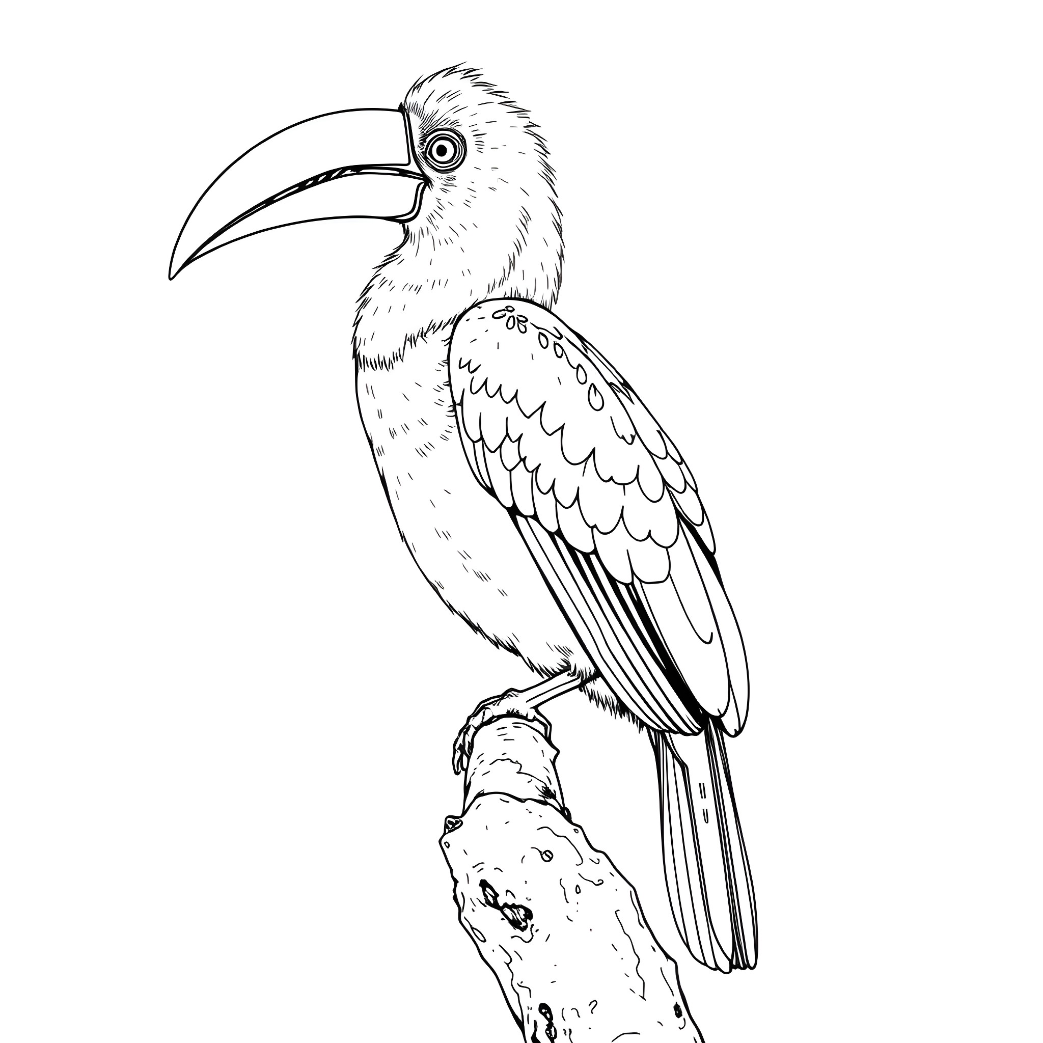 Toucanet perched on tree branch Coloring Page (free black-and-white line drawing printable PDF for all, from beginners to advanced learners, including children, teens, adults, and seniors)