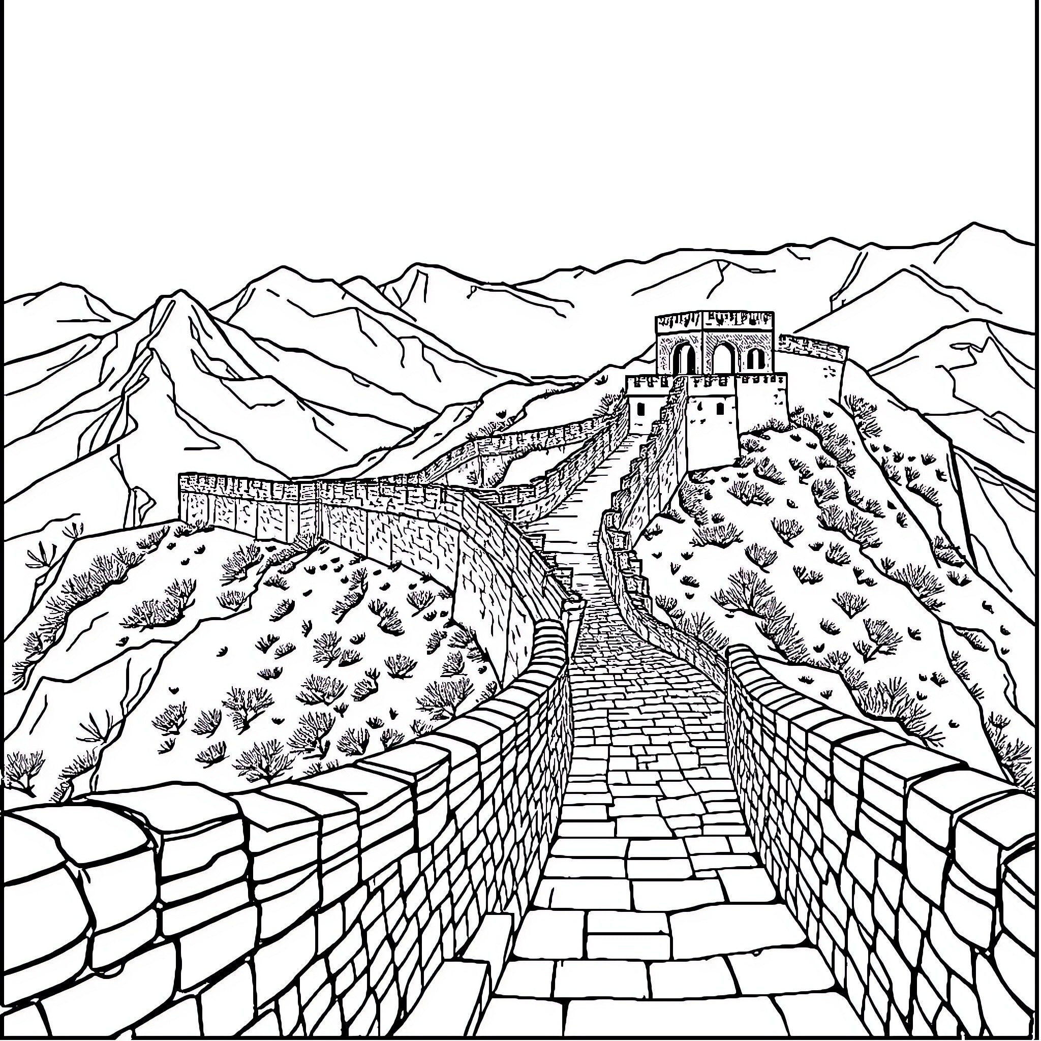 Chinese Wall: Majestic Fortification Amid Mountainous Terrain Coloring Page (free black-and-white line drawing printable PDF for all, from beginners to advanced learners, including children, teens, adults, and seniors)