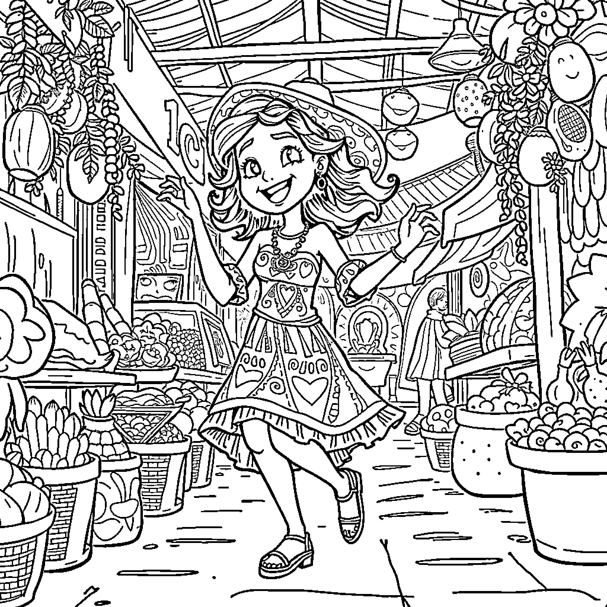Coco's Vibrant and Whimsical Adventure Coloring Page (free black-and-white line drawing printable PDF for all, from beginners to advanced learners, including children, teens, adults, and seniors)