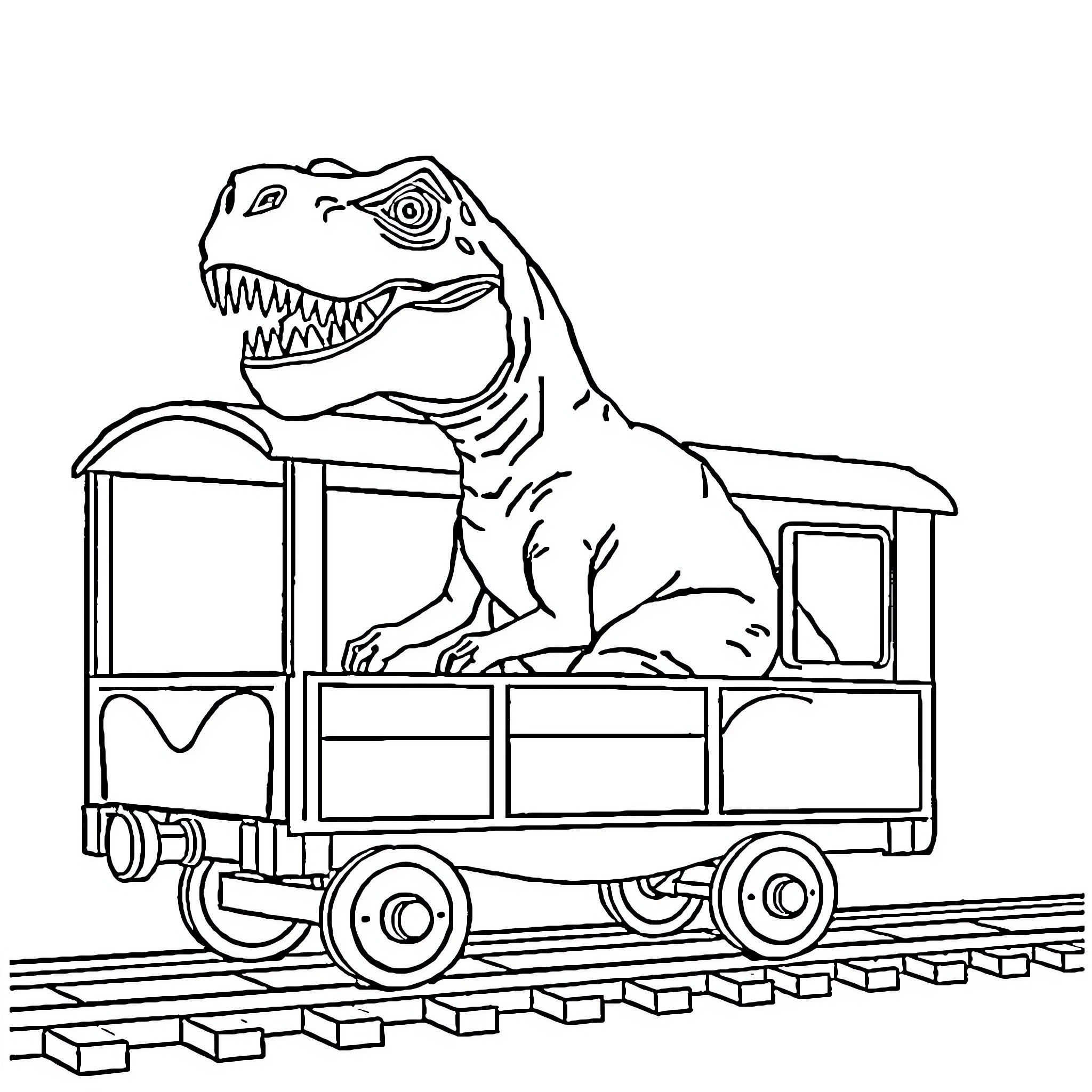 T-Rex riding on a train car Coloring Page (free black-and-white line drawing printable PDF for all, from beginners to advanced learners, including children, teens, adults, and seniors)