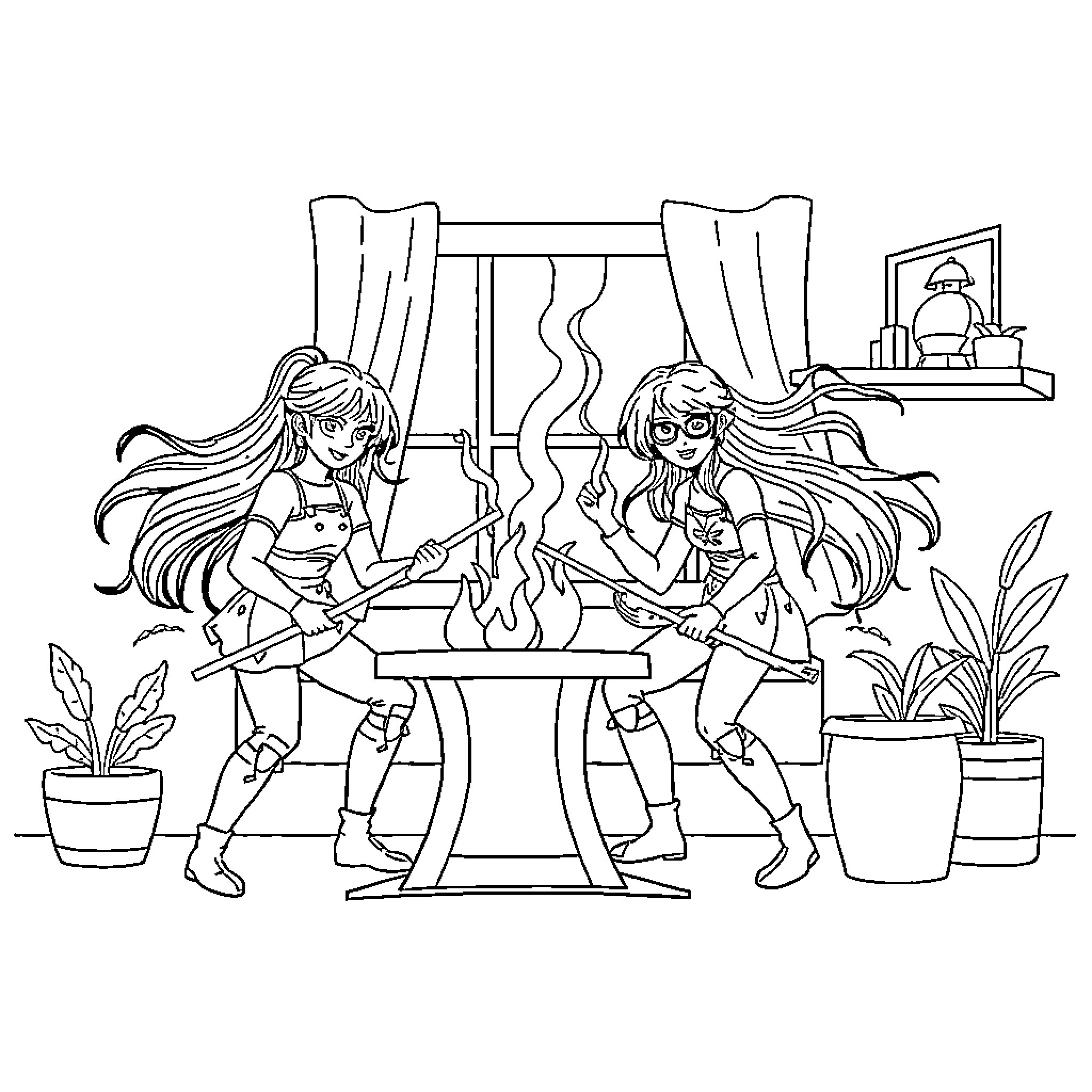 K Pop Warrior Duel with Fierce Determination Coloring Page (free black-and-white line drawing printable PDF for all, from beginners to advanced learners, including children, teens, adults, and seniors)