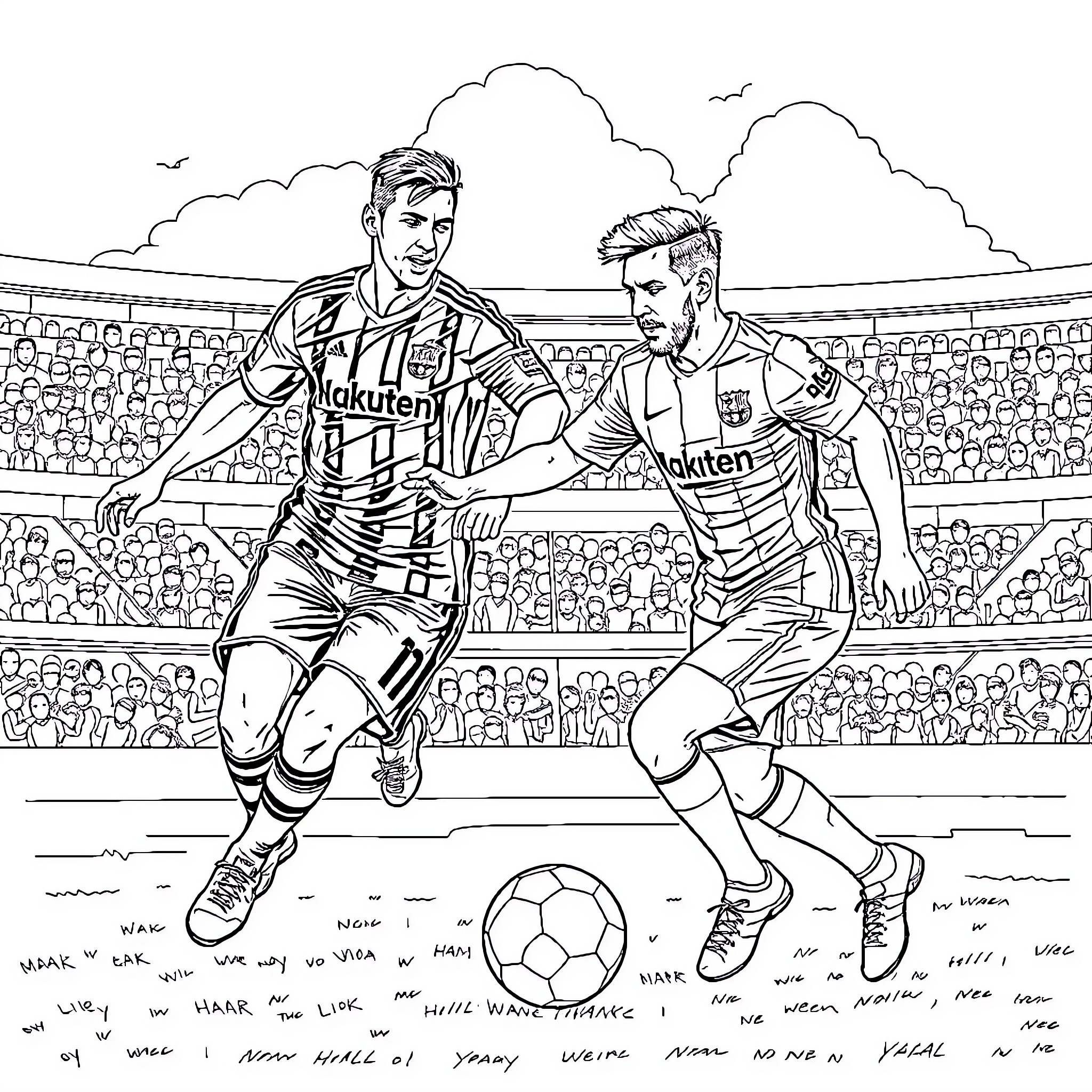 Ronaldo Players Competing in Soccer Match Coloring Page (free black-and-white line drawing printable PDF for all, from beginners to advanced learners, including children, teens, adults, and seniors)