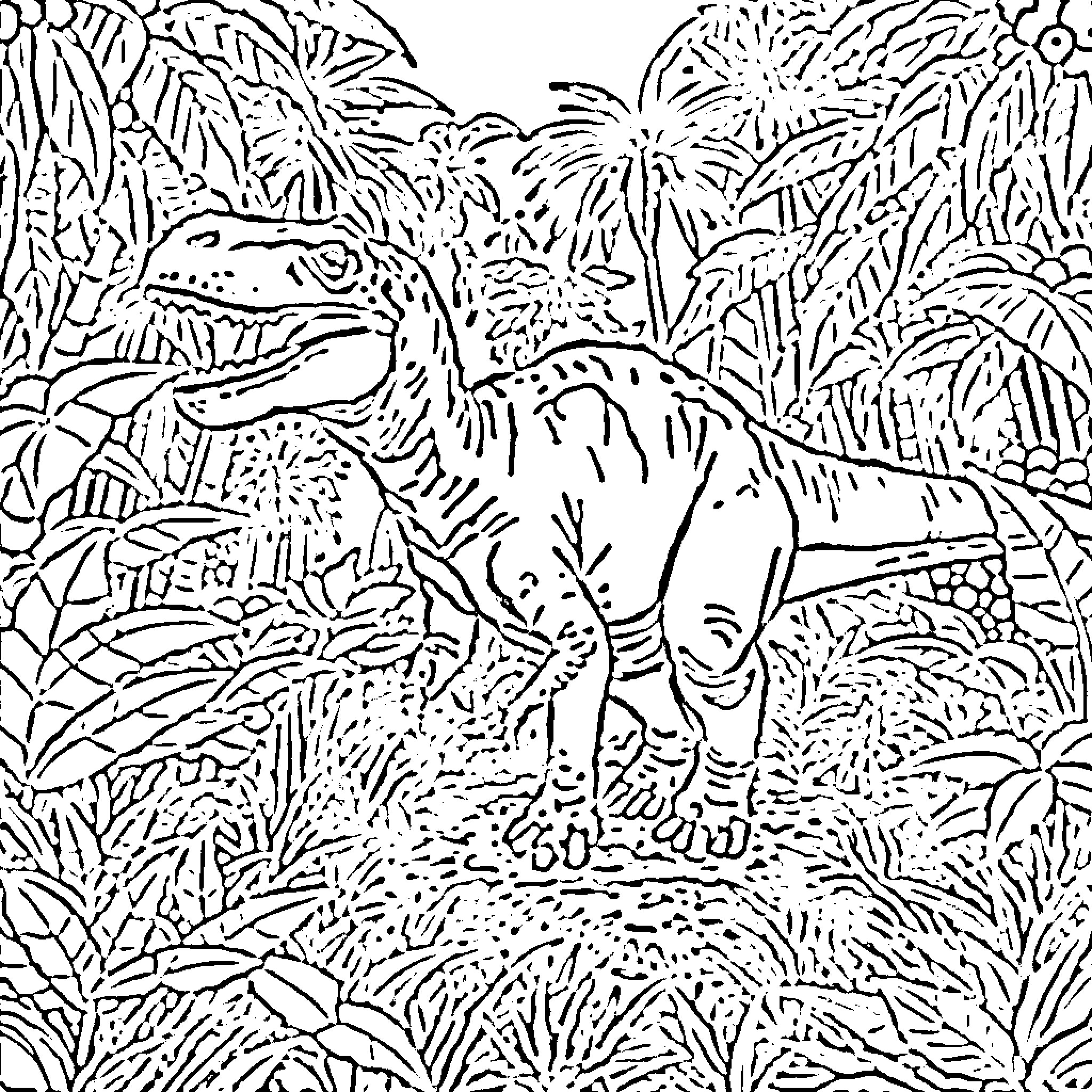 Dinosaur exploring lush jungle landscape Coloring Page (free black-and-white line drawing printable PDF for all, from beginners to advanced learners, including children, teens, adults, and seniors)