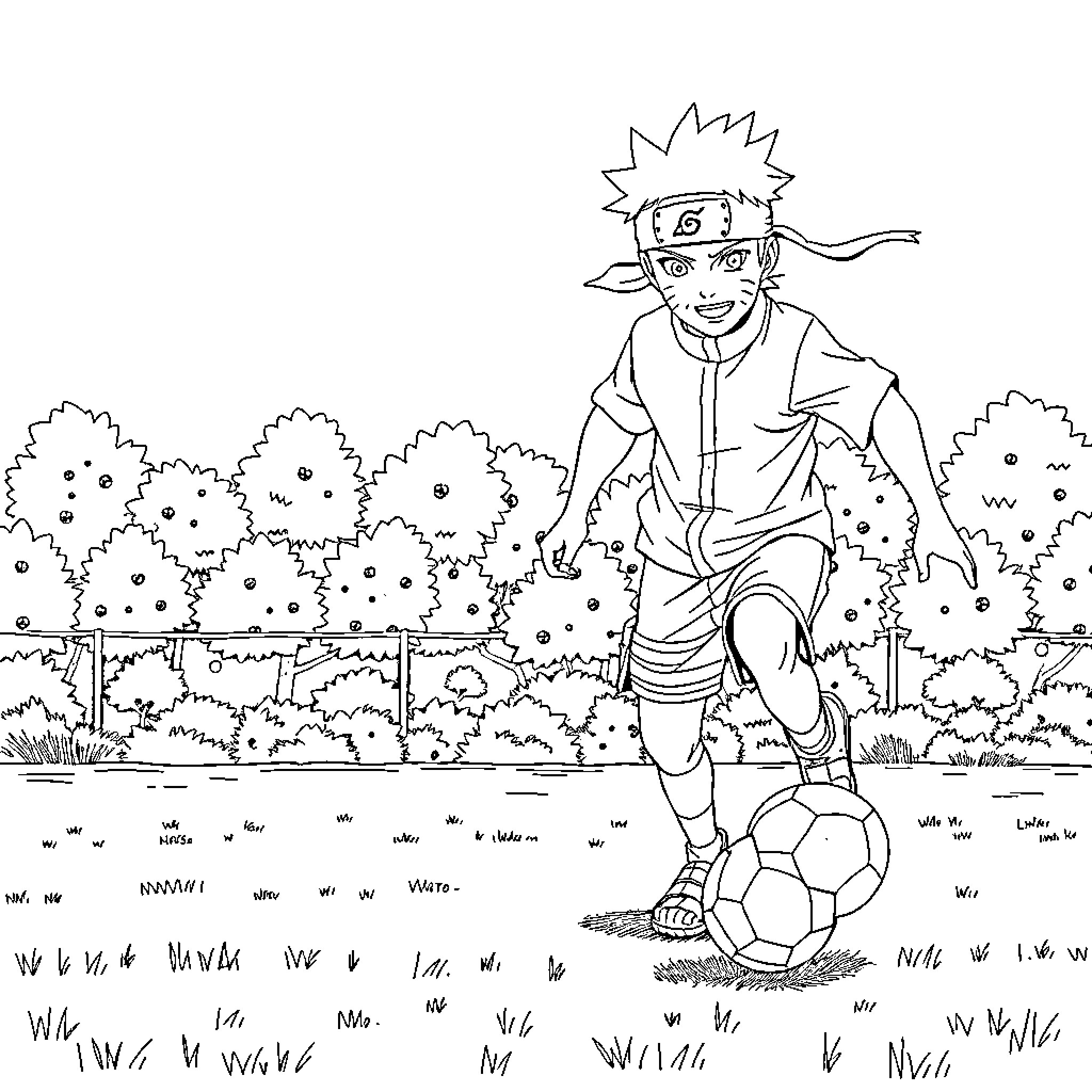 Naruto playing soccer in an outdoor field Coloring Page (free black-and-white line drawing printable PDF for all, from beginners to advanced learners, including children, teens, adults, and seniors)