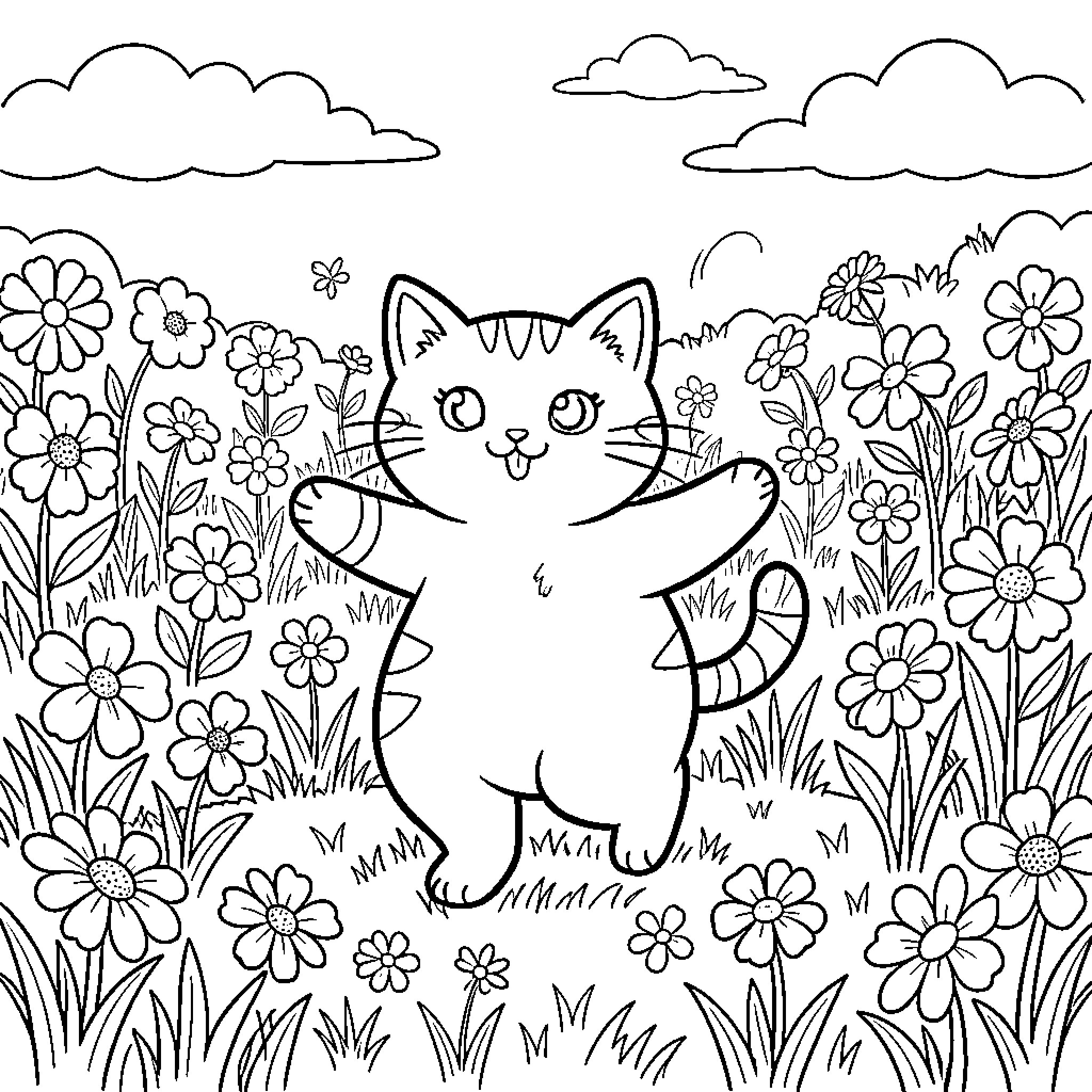 Cat in Flowery Garden Coloring Page (free black-and-white line drawing printable PDF for all, from beginners to advanced learners, including children, teens, adults, and seniors)