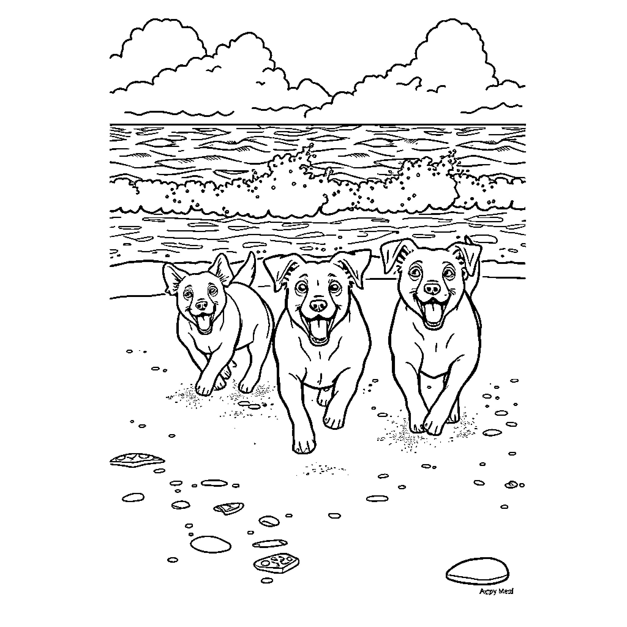 Dogs playing happily at the beach Coloring Page (free black-and-white line drawing printable PDF for all, from beginners to advanced learners, including children, teens, adults, and seniors)