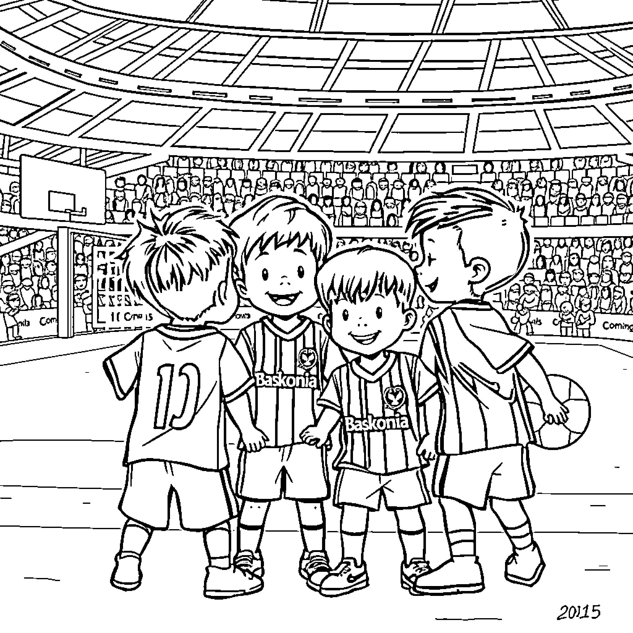 Niños enjoying soccer match in stadium Coloring Page (free black-and-white line drawing printable PDF for all, from beginners to advanced learners, including children, teens, adults, and seniors)