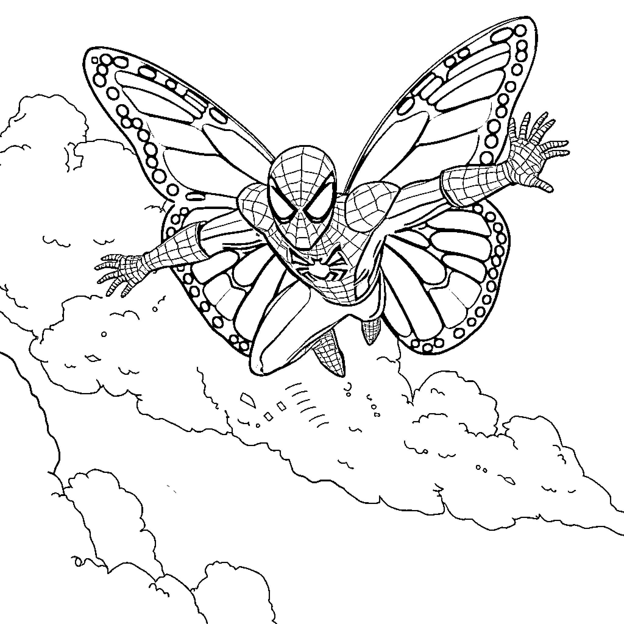 Spiderman in Butterfly Costume Swinging Above Clouds Coloring Page (free black-and-white line drawing printable PDF for all, from beginners to advanced learners, including children, teens, adults, and seniors)