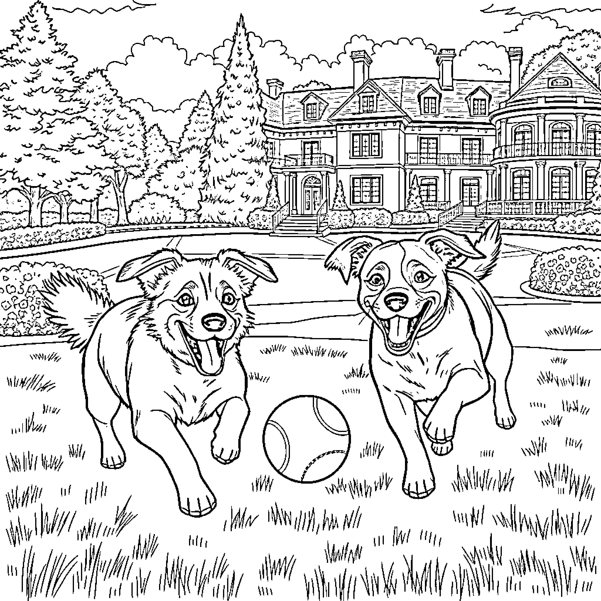 Dog playing joyfully with ball in lush garden Coloring Page (free black-and-white line drawing printable PDF for all, from beginners to advanced learners, including children, teens, adults, and seniors)