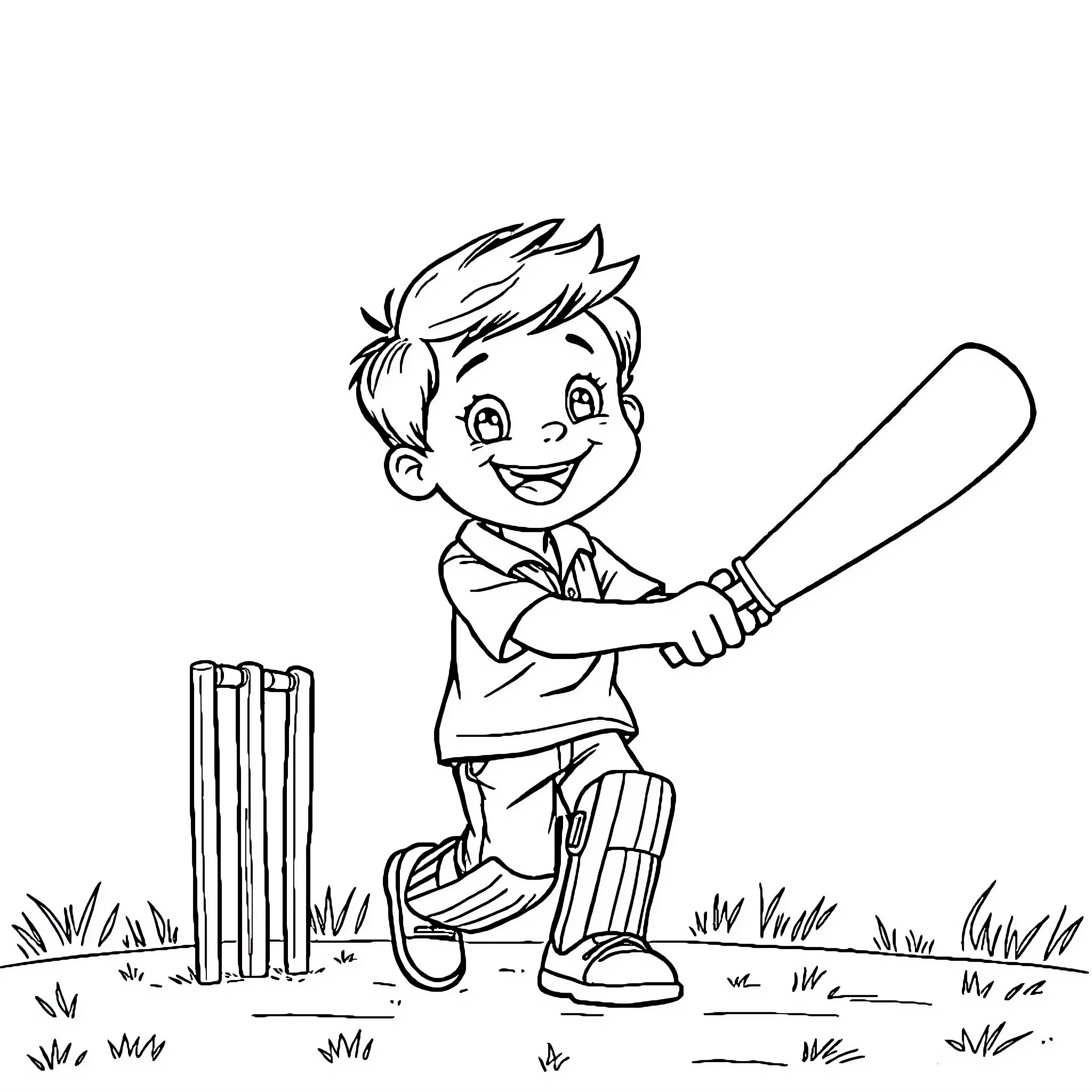 Boy playing cricket in the park Coloring Page (free black-and-white line drawing printable PDF for all, from beginners to advanced learners, including children, teens, adults, and seniors)