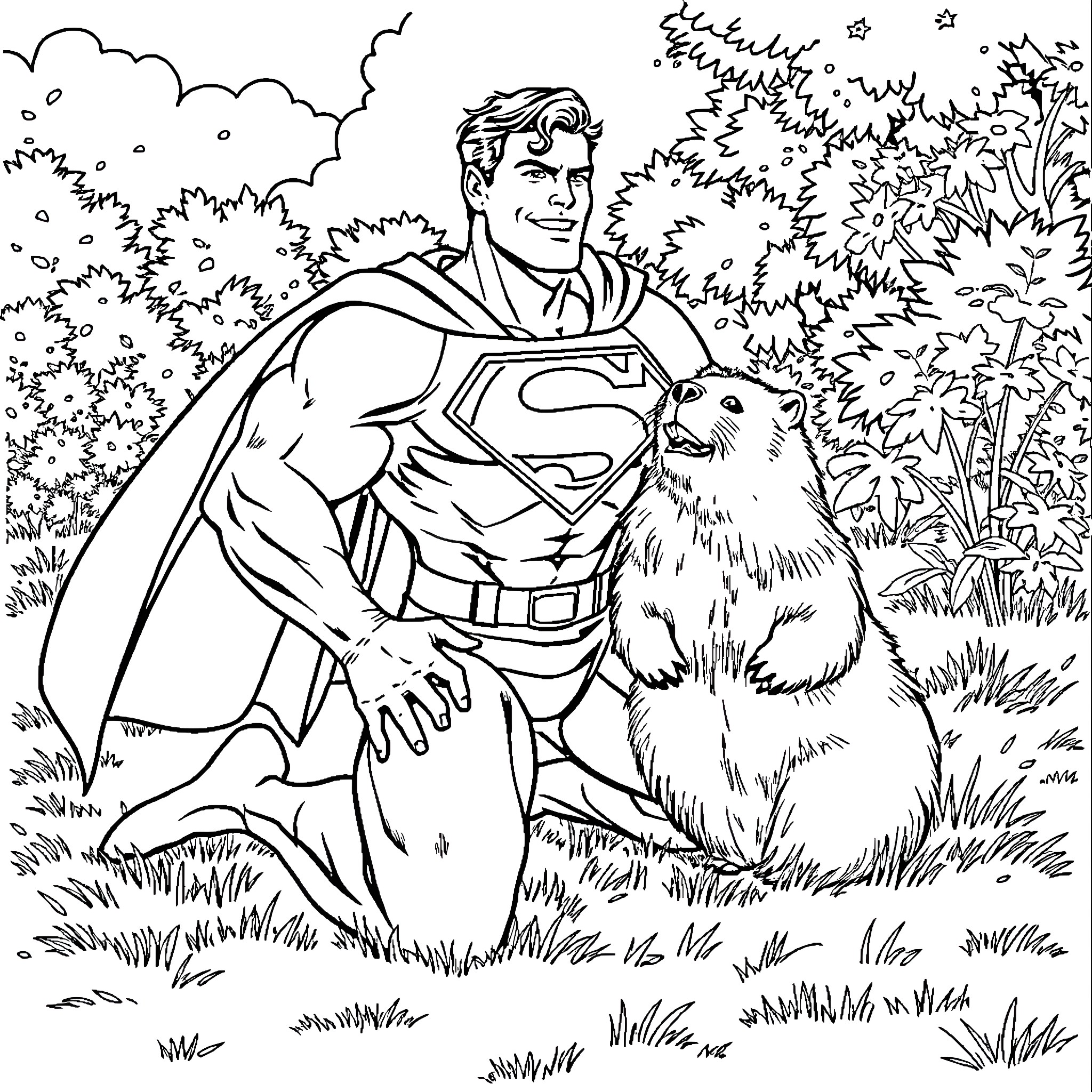 Superman with furry animal friend in nature Coloring Page (free black-and-white line drawing printable PDF for all, from beginners to advanced learners, including children, teens, adults, and seniors)