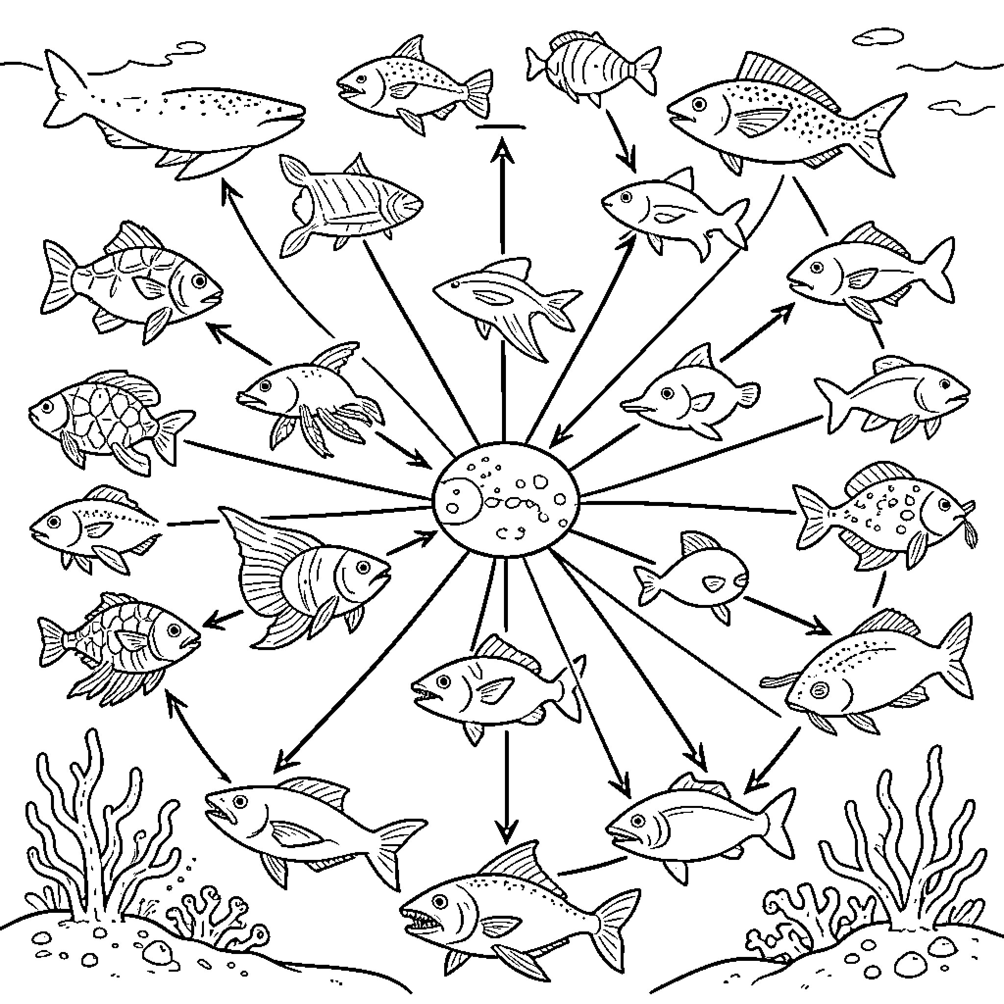 Marine Food Web showing various fish interactions Coloring Page (free black-and-white line drawing printable PDF for all, from beginners to advanced learners, including children, teens, adults, and seniors)