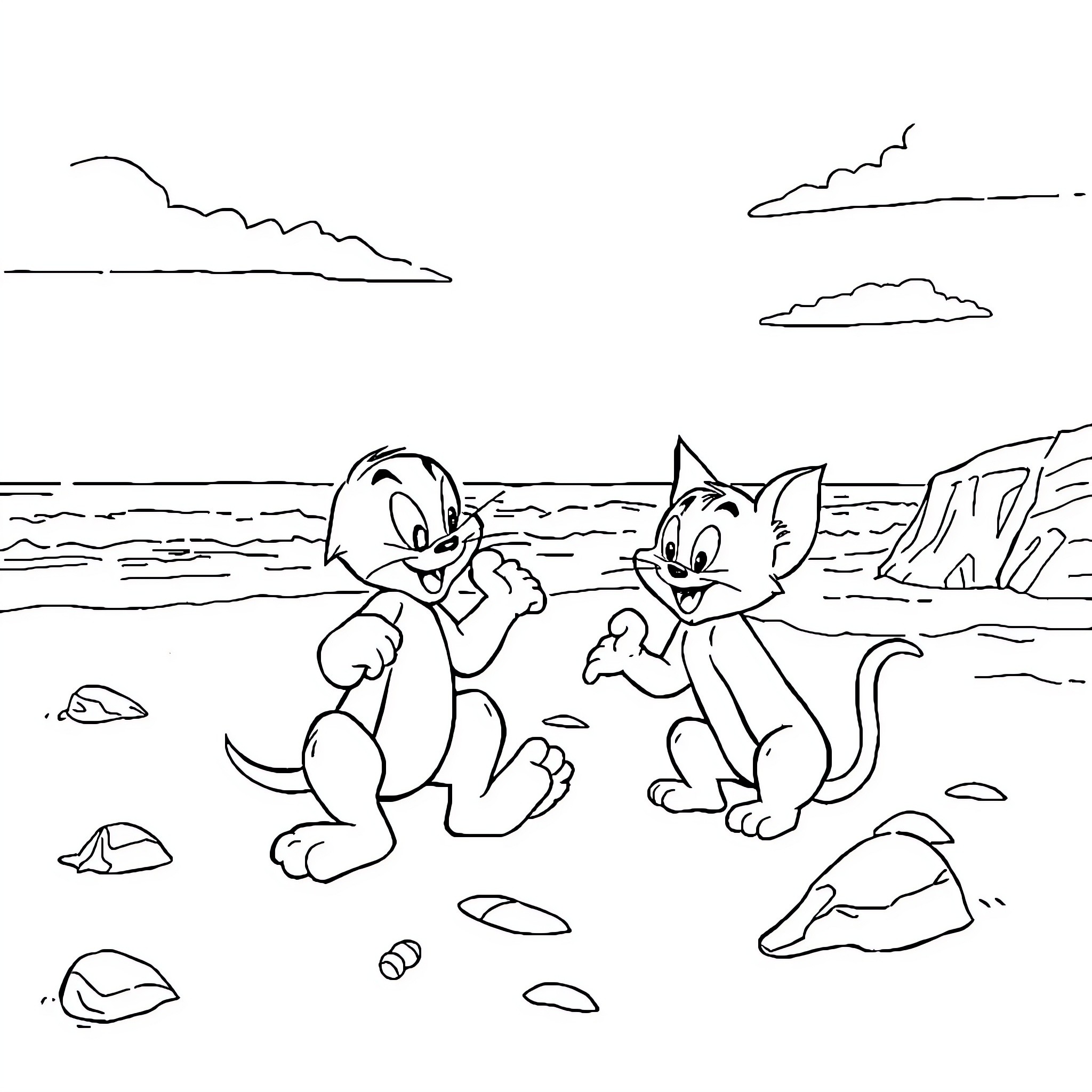 Tom and Jerry playing on the beach Coloring Page (free black-and-white line drawing printable PDF for all, from beginners to advanced learners, including children, teens, adults, and seniors)