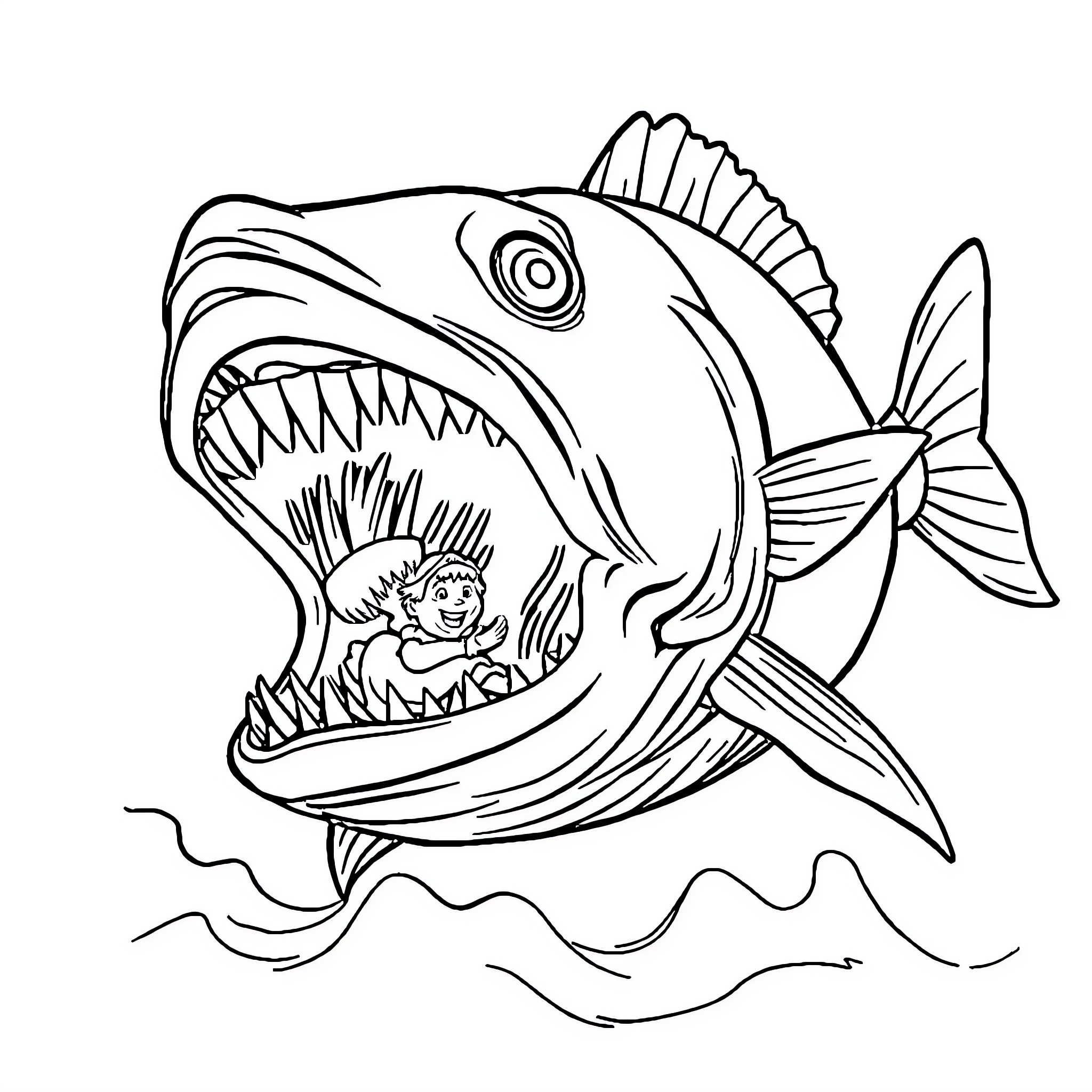 Fish with wide-open mouth catching a person Coloring Page (free black-and-white line drawing printable PDF for all, from beginners to advanced learners, including children, teens, adults, and seniors)