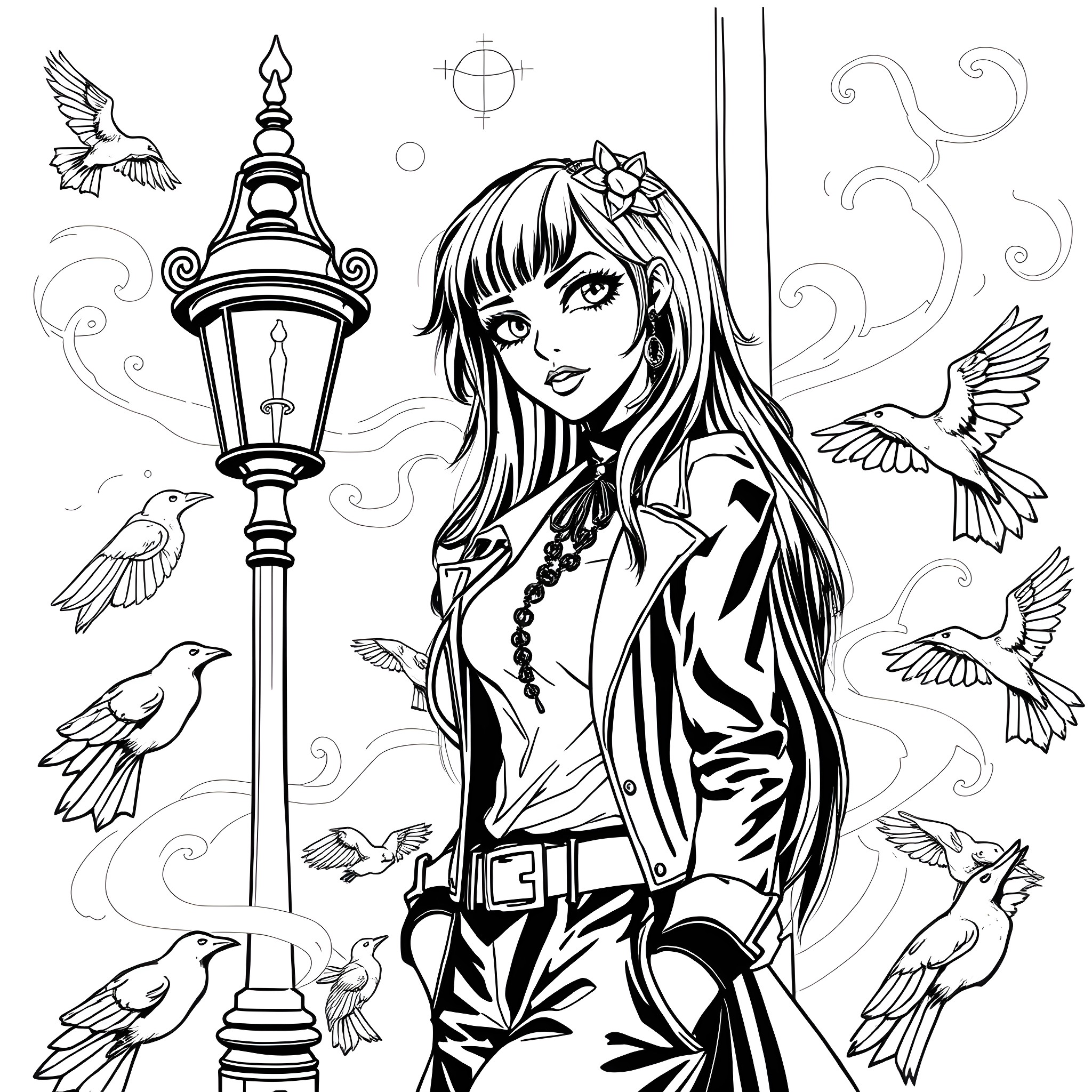 Goth Girl and Her Mysterious Surroundings Coloring Page (free black-and-white line drawing printable PDF for all, from beginners to advanced learners, including children, teens, adults, and seniors)
