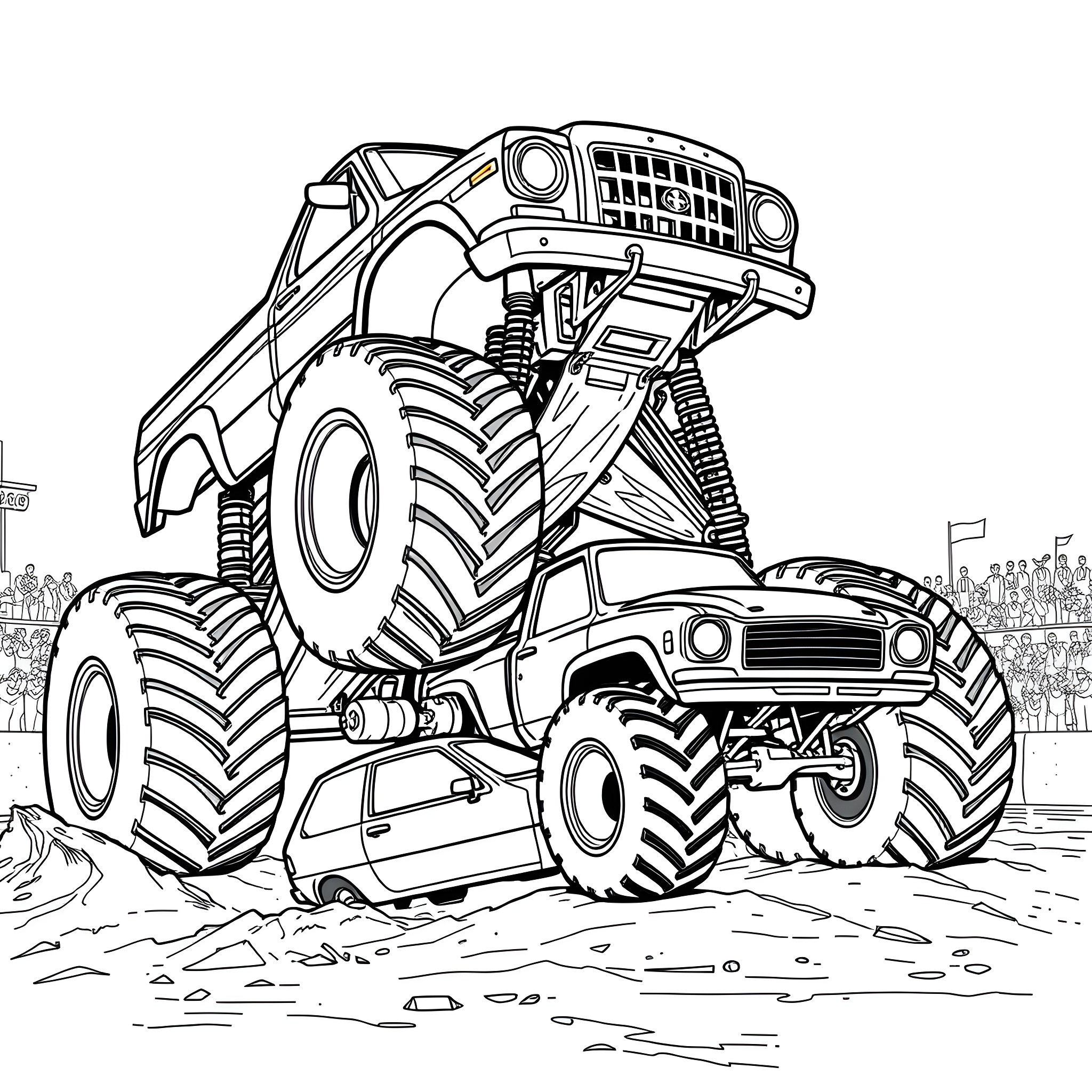 Monster Truck Crushing Smaller Vehicles in the Arena Coloring Page (free black-and-white line drawing printable PDF for all, from beginners to advanced learners, including children, teens, adults, and seniors)