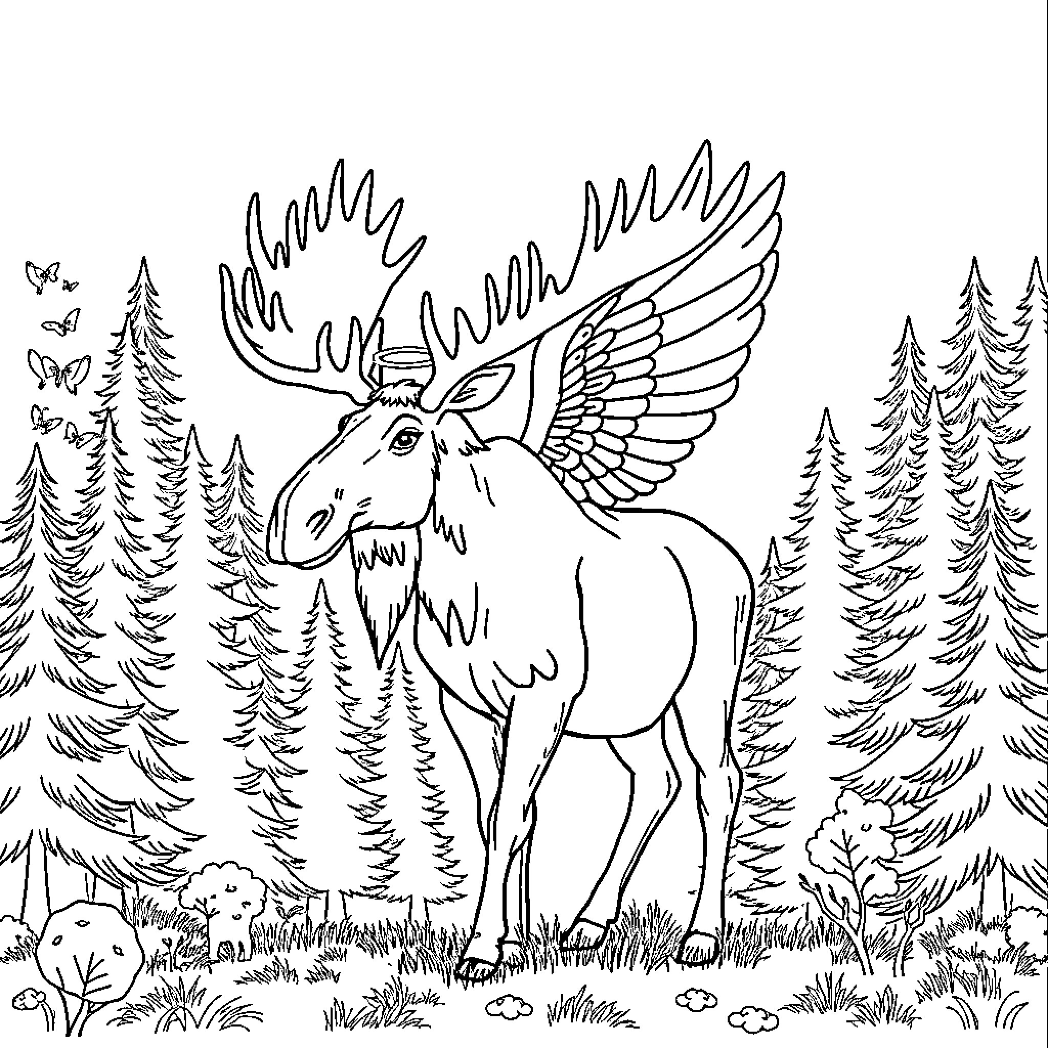 Moose with majestic wings in a forest Coloring Page (free black-and-white line drawing printable PDF for all, from beginners to advanced learners, including children, teens, adults, and seniors)
