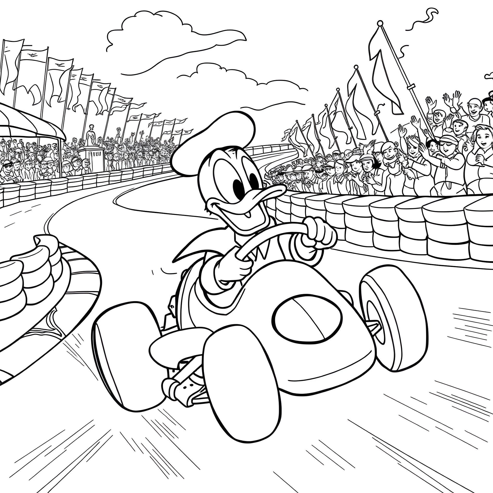 Donald Duck participating in a lively race Coloring Page (free black-and-white line drawing printable PDF for all, from beginners to advanced learners, including children, teens, adults, and seniors)