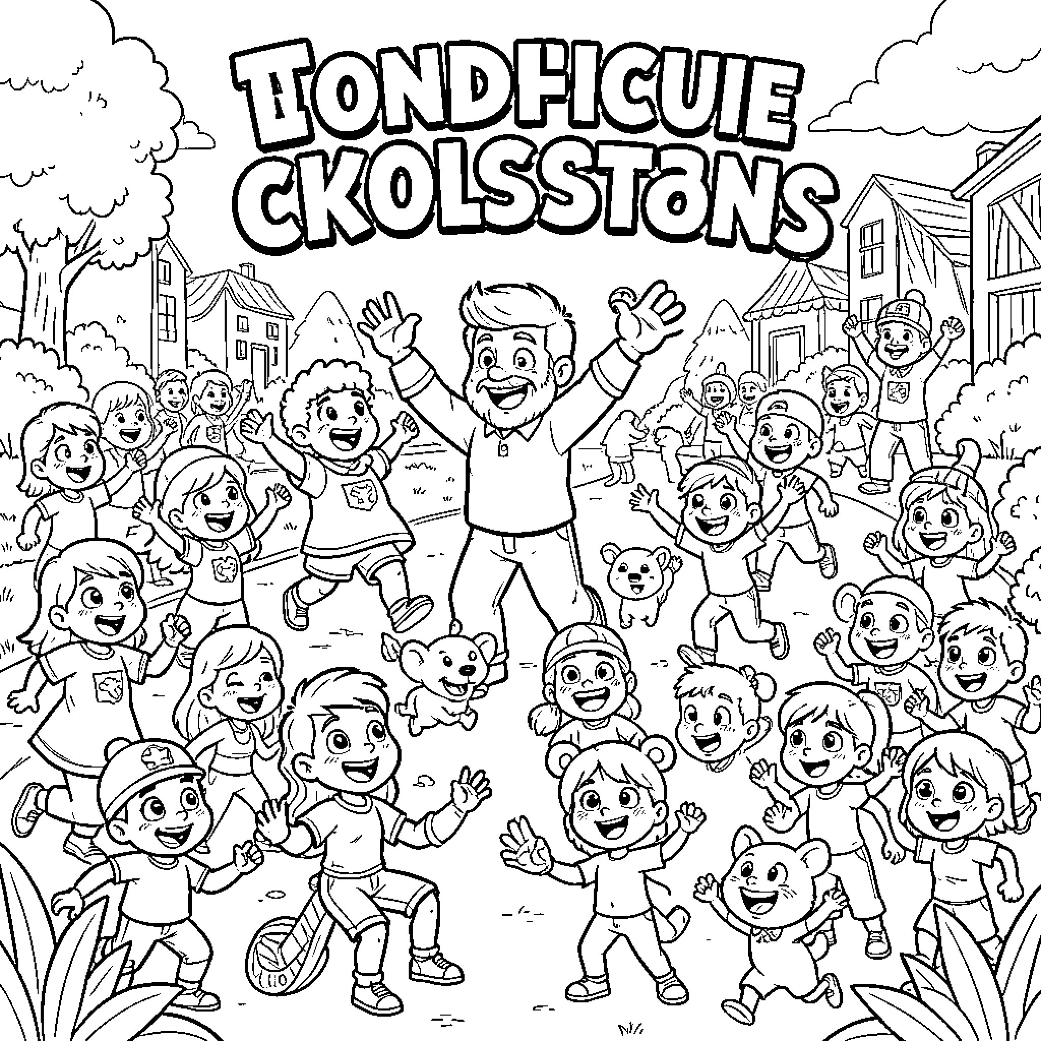 Anime characters celebrating joyfully in a village setting Coloring Page (free black-and-white line drawing printable PDF for all, from beginners to advanced learners, including children, teens, adults, and seniors)