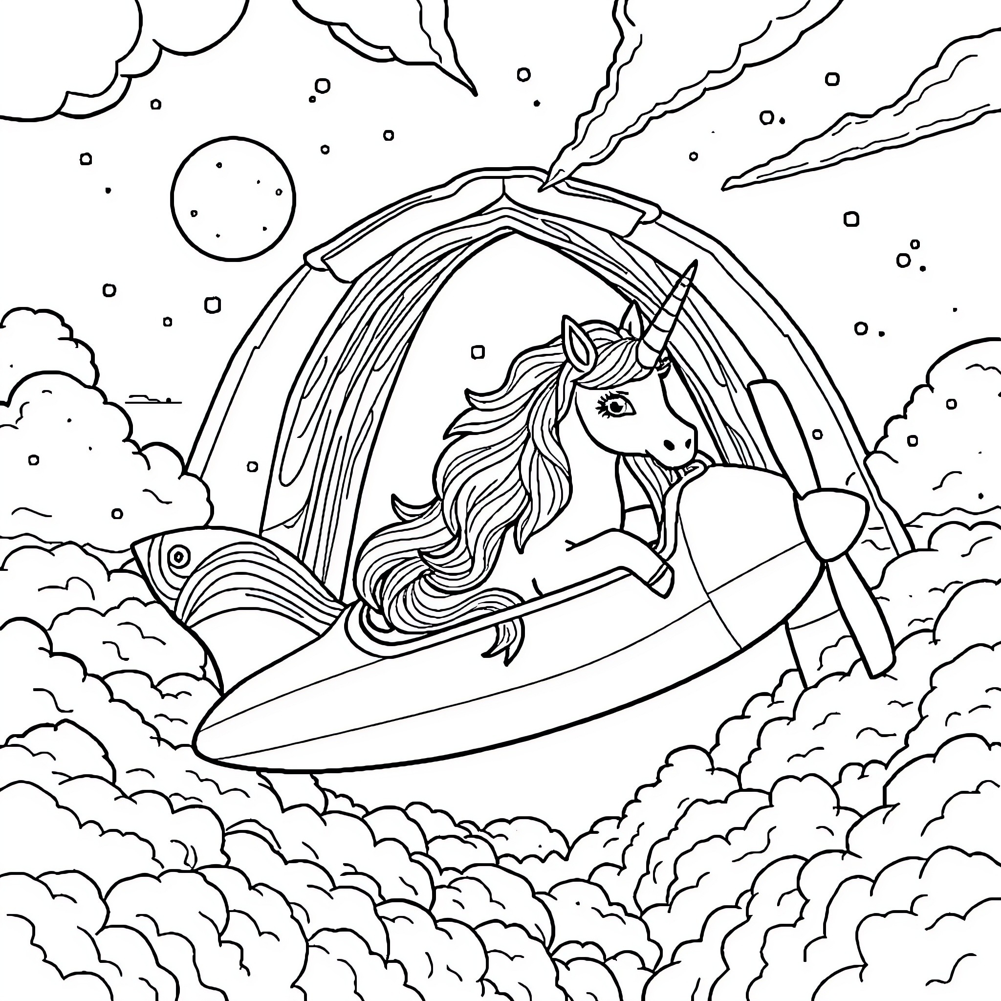 Unicorn riding a magical surfboard through the clouds Coloring Page (free black-and-white line drawing printable PDF for all, from beginners to advanced learners, including children, teens, adults, and seniors)