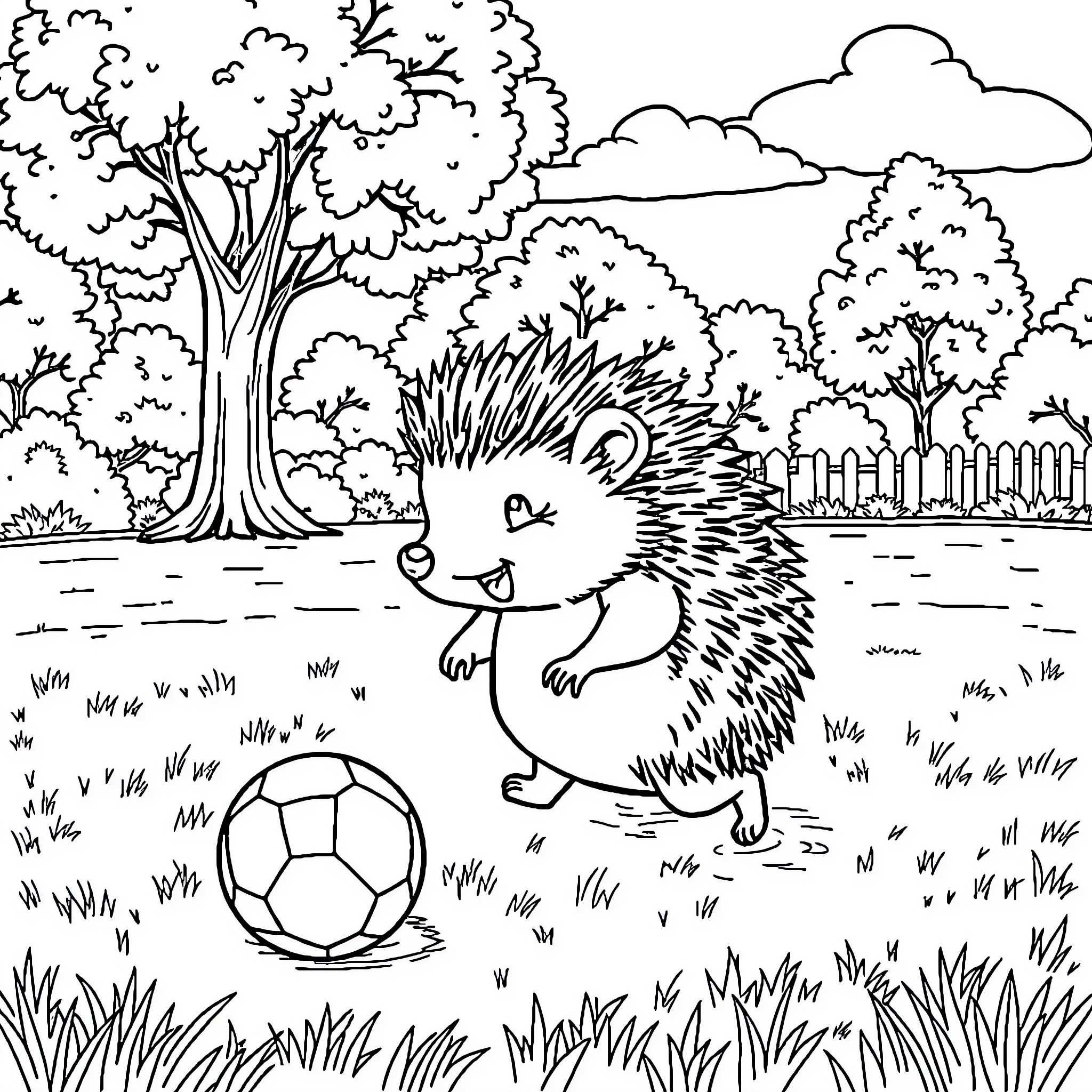 Hedgehog playing with soccer ball in garden Coloring Page (free black-and-white line drawing printable PDF for all, from beginners to advanced learners, including children, teens, adults, and seniors)