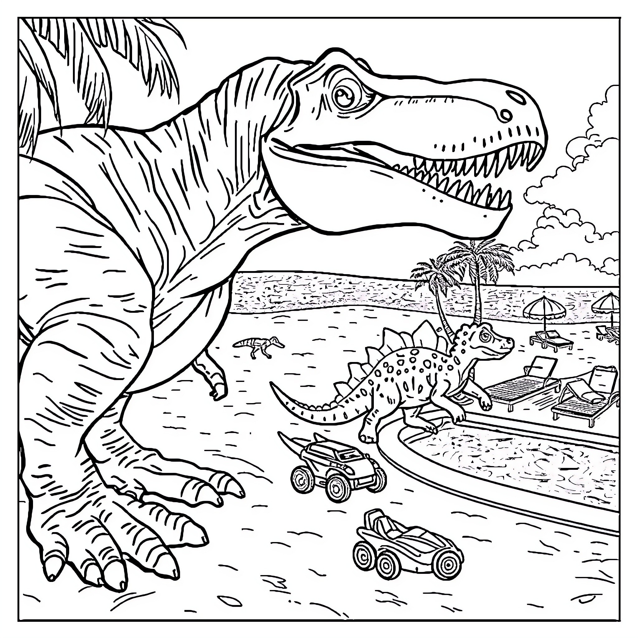 T-Rex roaming through a prehistoric landscape Coloring Page (free black-and-white line drawing printable PDF for all, from beginners to advanced learners, including children, teens, adults, and seniors)