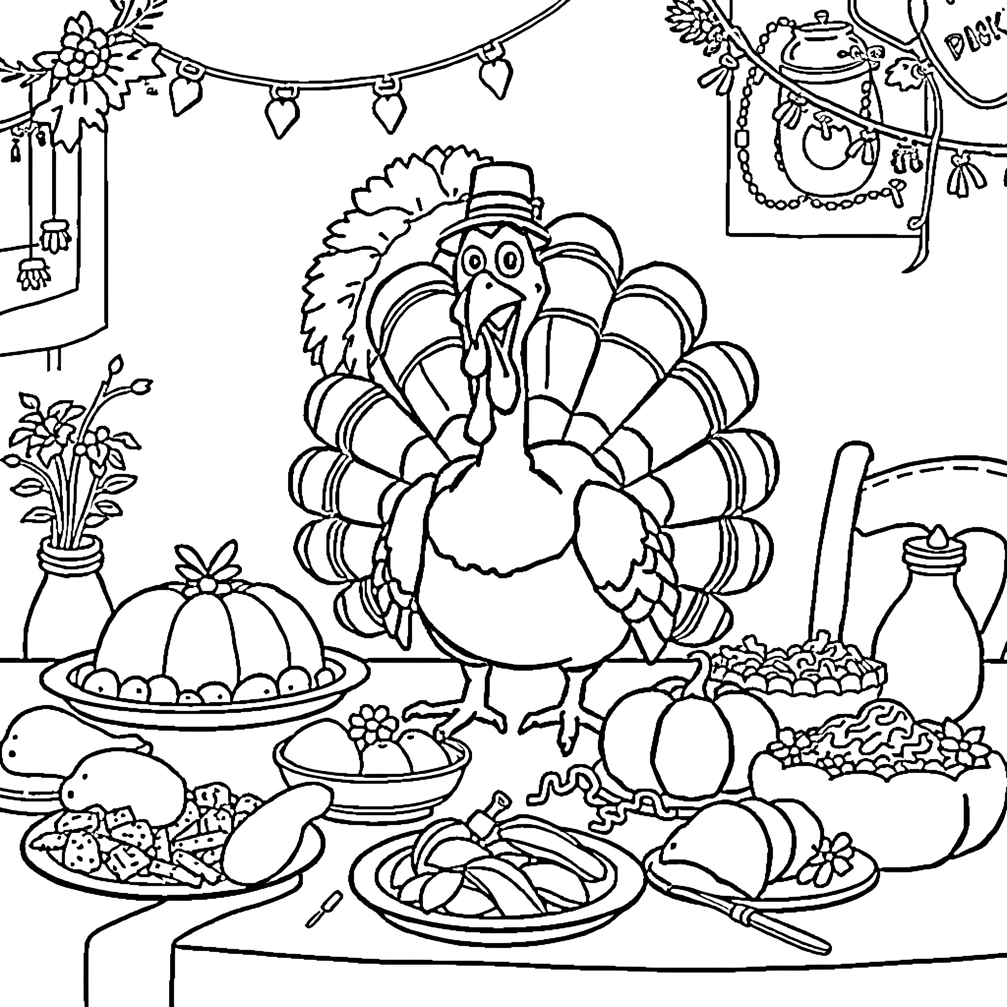 Turkey enjoying Thanksgiving feast with festive decor Coloring Page (free black-and-white line drawing printable PDF for all, from beginners to advanced learners, including children, teens, adults, and seniors)