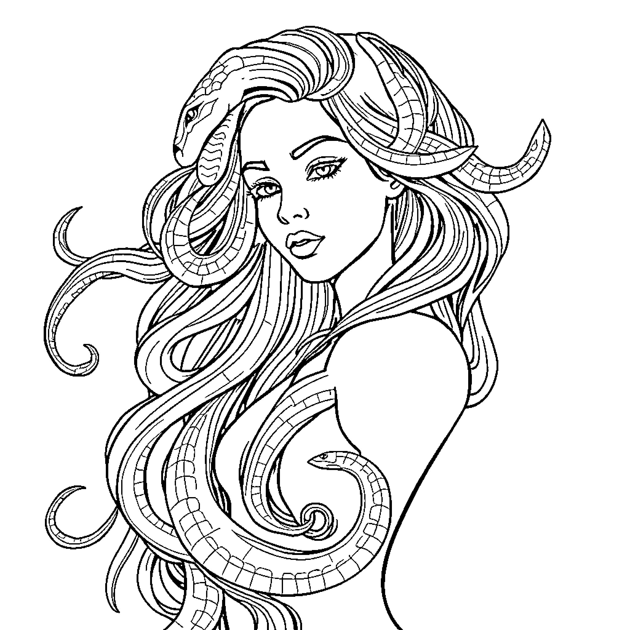 Lady with Flowing Locks and Serpent Horns Coloring Page (free black-and-white line drawing printable PDF for all, from beginners to advanced learners, including children, teens, adults, and seniors)