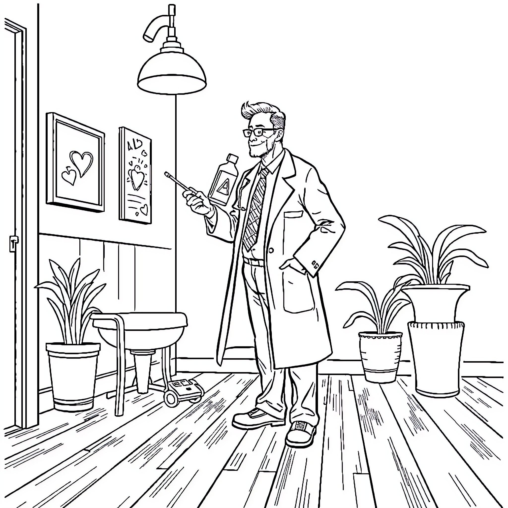 Doctor examining medical equipment in office Coloring Page (free black-and-white line drawing printable PDF for all, from beginners to advanced learners, including children, teens, adults, and seniors)