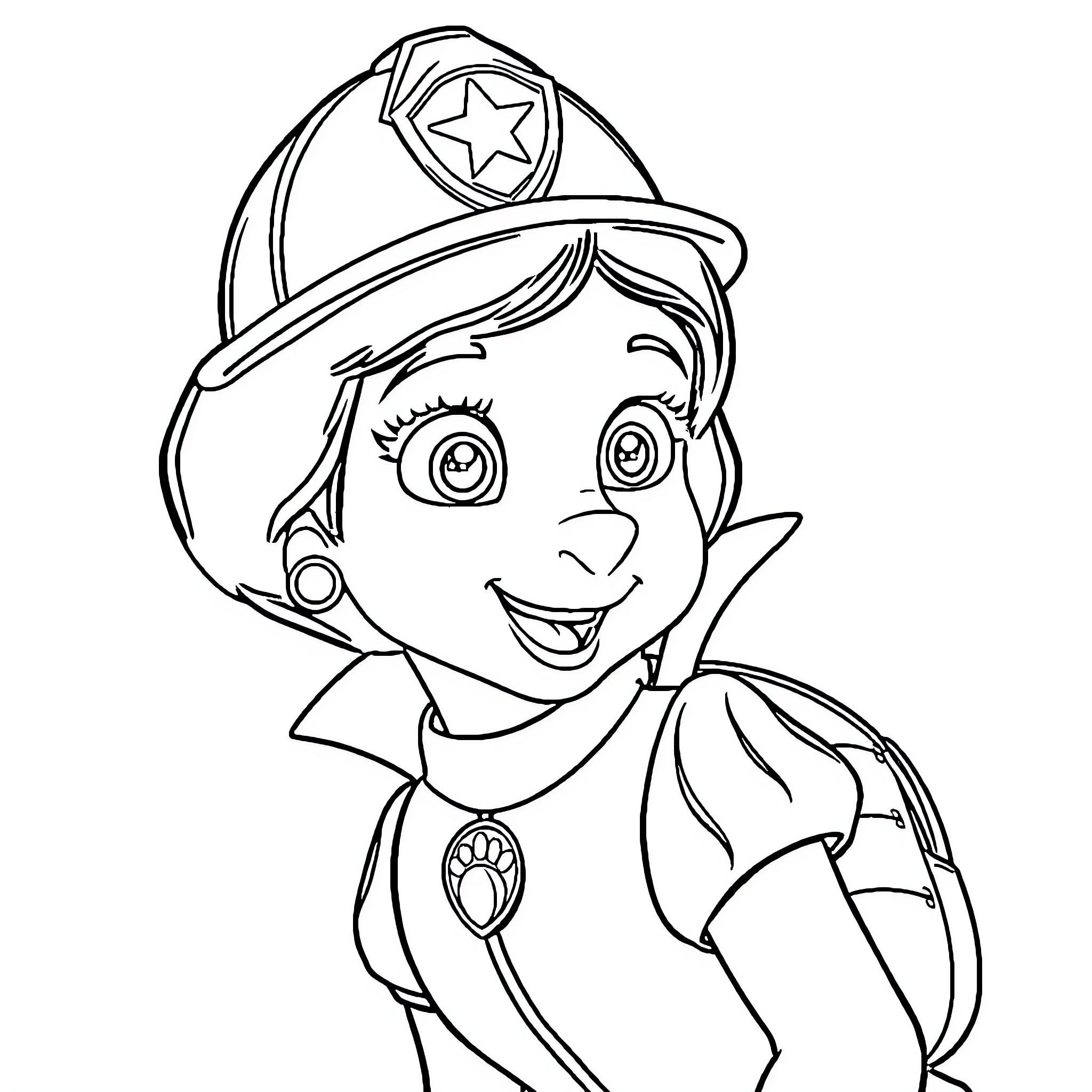 Snow White as a Firefighter Enjoying Adventure Coloring Page (free black-and-white line drawing printable PDF for all, from beginners to advanced learners, including children, teens, adults, and seniors)