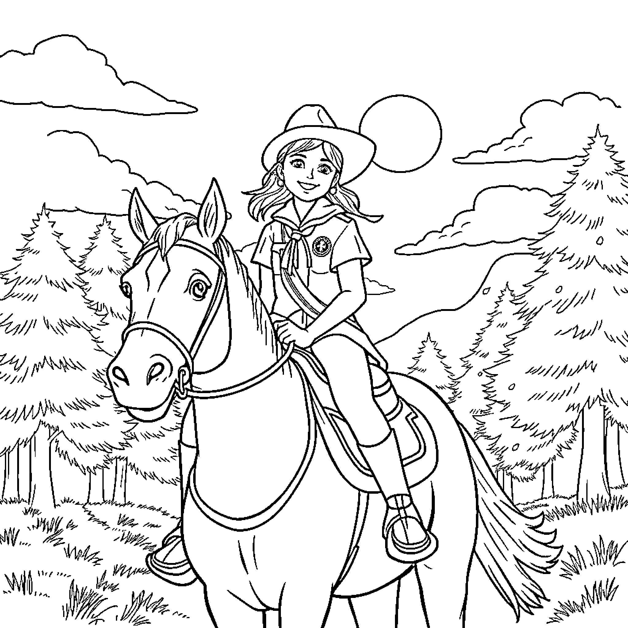 Girl Scout riding a horse in the woods Coloring Page (free black-and-white line drawing printable PDF for all, from beginners to advanced learners, including children, teens, adults, and seniors)