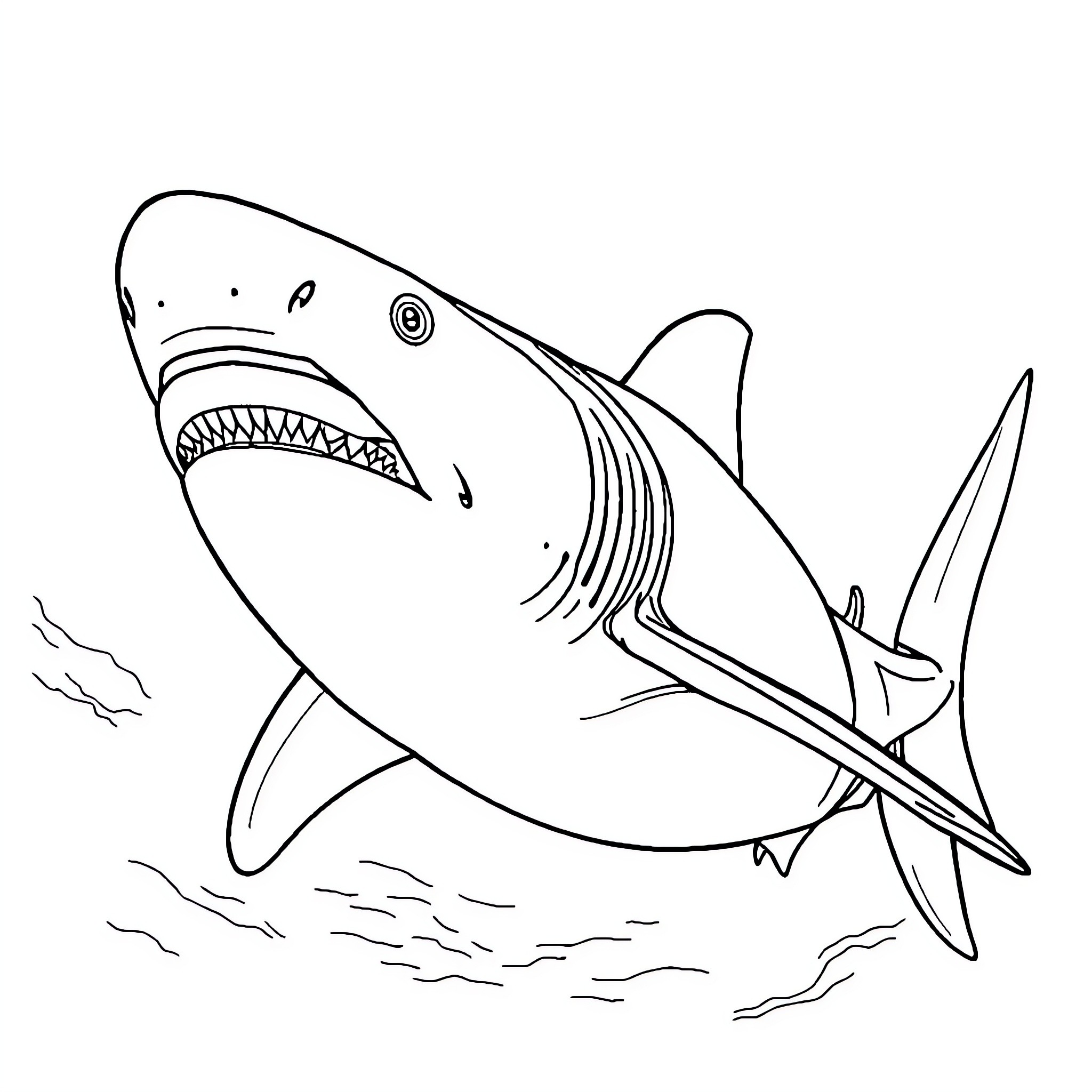 Megalodon shark swimming in the ocean Coloring Page (free black-and-white line drawing printable PDF for all, from beginners to advanced learners, including children, teens, adults, and seniors)