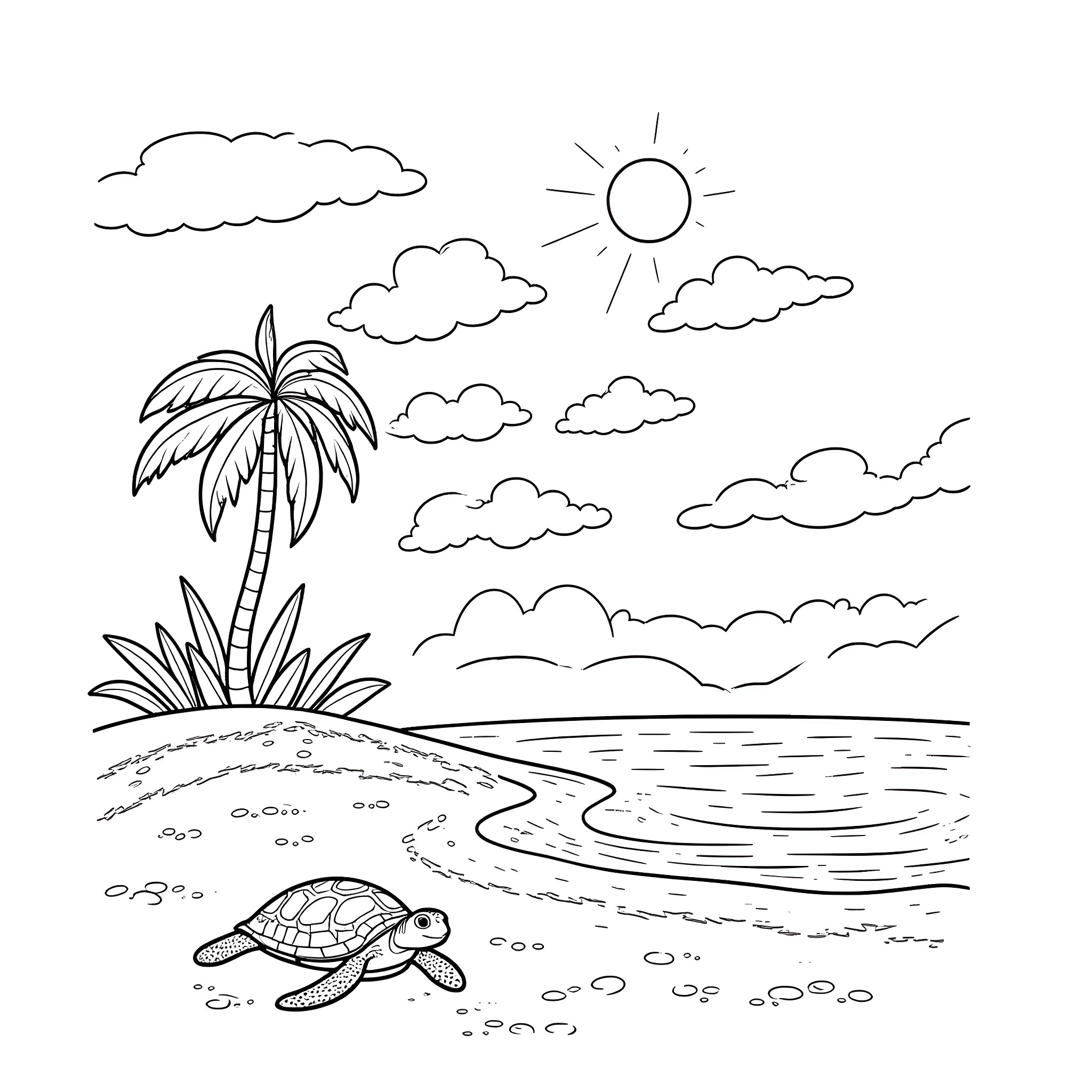 Sun-drenched tropical beach scene with palm tree and turtle Coloring Page (free black-and-white line drawing printable PDF for all, from beginners to advanced learners, including children, teens, adults, and seniors)