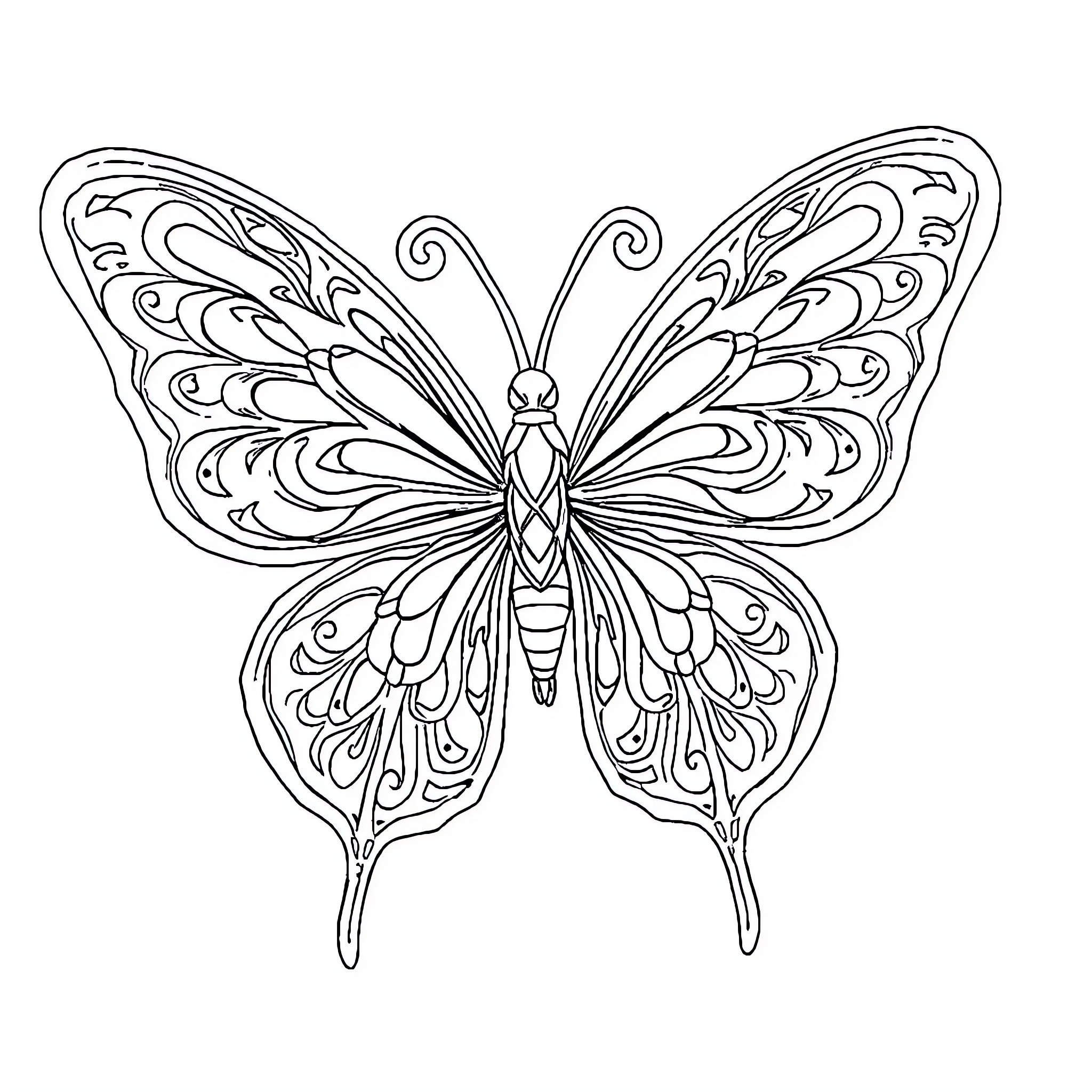Papillon: Intricate Butterfly Artwork Coloring Page (free black-and-white line drawing printable PDF for all, from beginners to advanced learners, including children, teens, adults, and seniors)